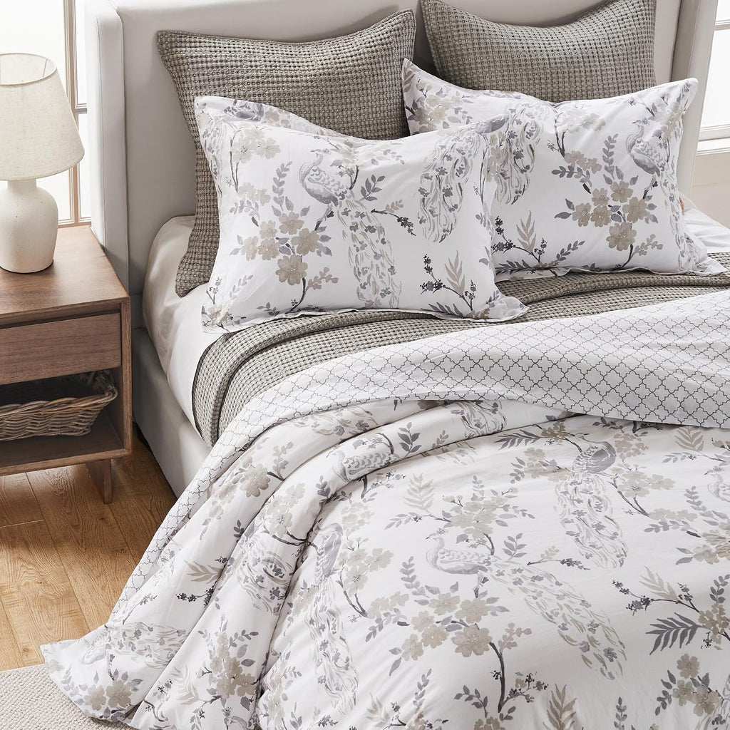 Levtex Home Pisa Reversible King Duvet Cover Set (106x94in) with 2 Pillowcases (36x20in) - Floral Peacock - Grey, Taupe - Cotton King Size Duvet Cover Set - Soft, Pre-Washed