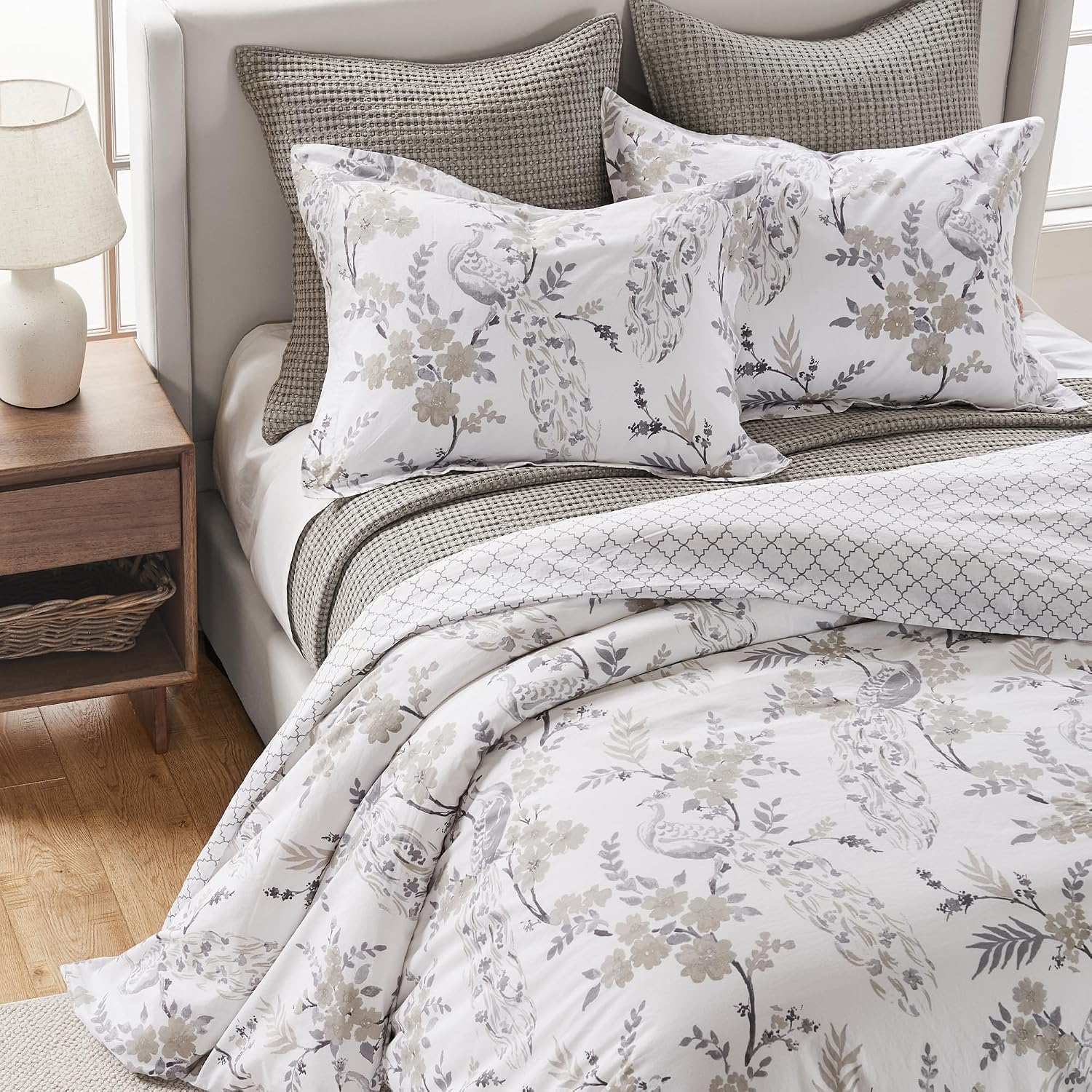 Levtex Home Pisa Reversible King Duvet Cover Set (106x94in) with 2 Pillowcases (36x20in) - Floral Peacock - Grey, Taupe - Cotton King Size Duvet Cover Set - Soft, Pre-Washed