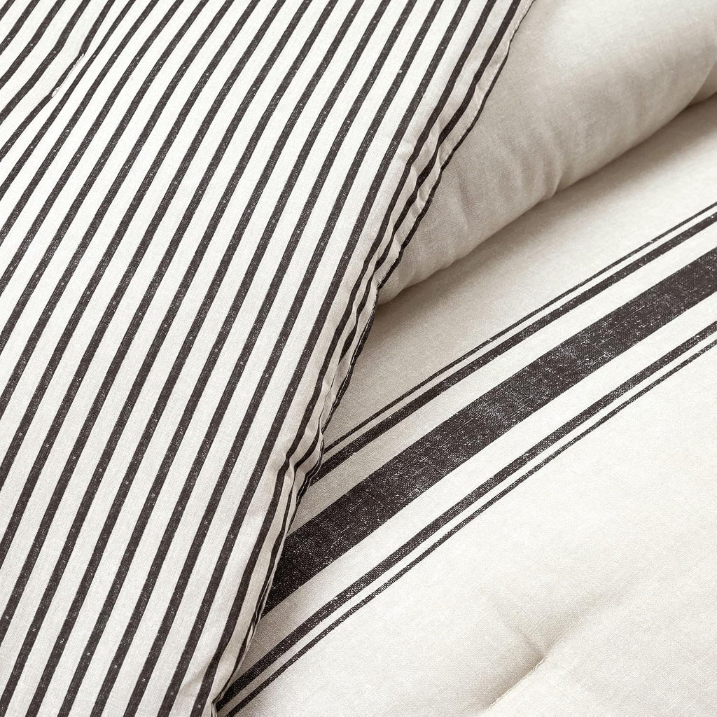 Lush Decor Farmhouse Stripe Reversible Cotton Comforter Set, 3 Piece Set, California King, Black - Cozy Farmhouse Bedding Set - Rustic Decor - Striped Comforter - Modern Farmhouse Bedroom Decor
