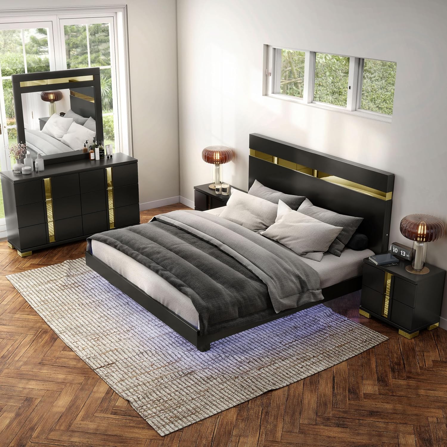 Furniture of America Ansten Modern Wood 5-Piece Platform Bedroom Set with Gold Trim, Underbed LED, Dust Proof Cases, Bracketed Metal Legs, No Box Spring Needed, Twin, Black