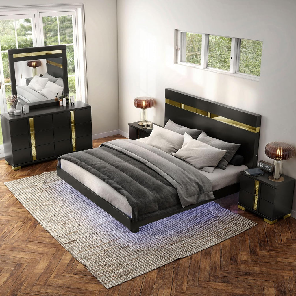 Furniture of America Ansten Modern Wood 5-Piece Platform Bedroom Set with Gold Trim, Underbed LED, Dust Proof Cases, Bracketed Metal Legs, No Box Spring Needed, Full, Black