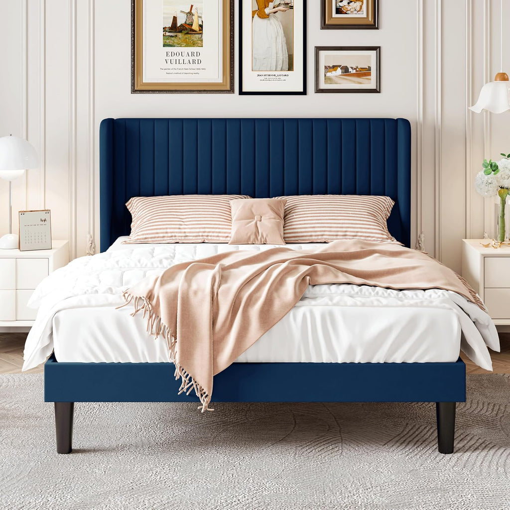 SHA CERLIN Queen Size Velvet Bed Frame with Vertical Channel Tufted Wingback Headboard, Upholstered Platform Bed with Wood Slats, No Box Spring Needed, Easy Assembly, Blue