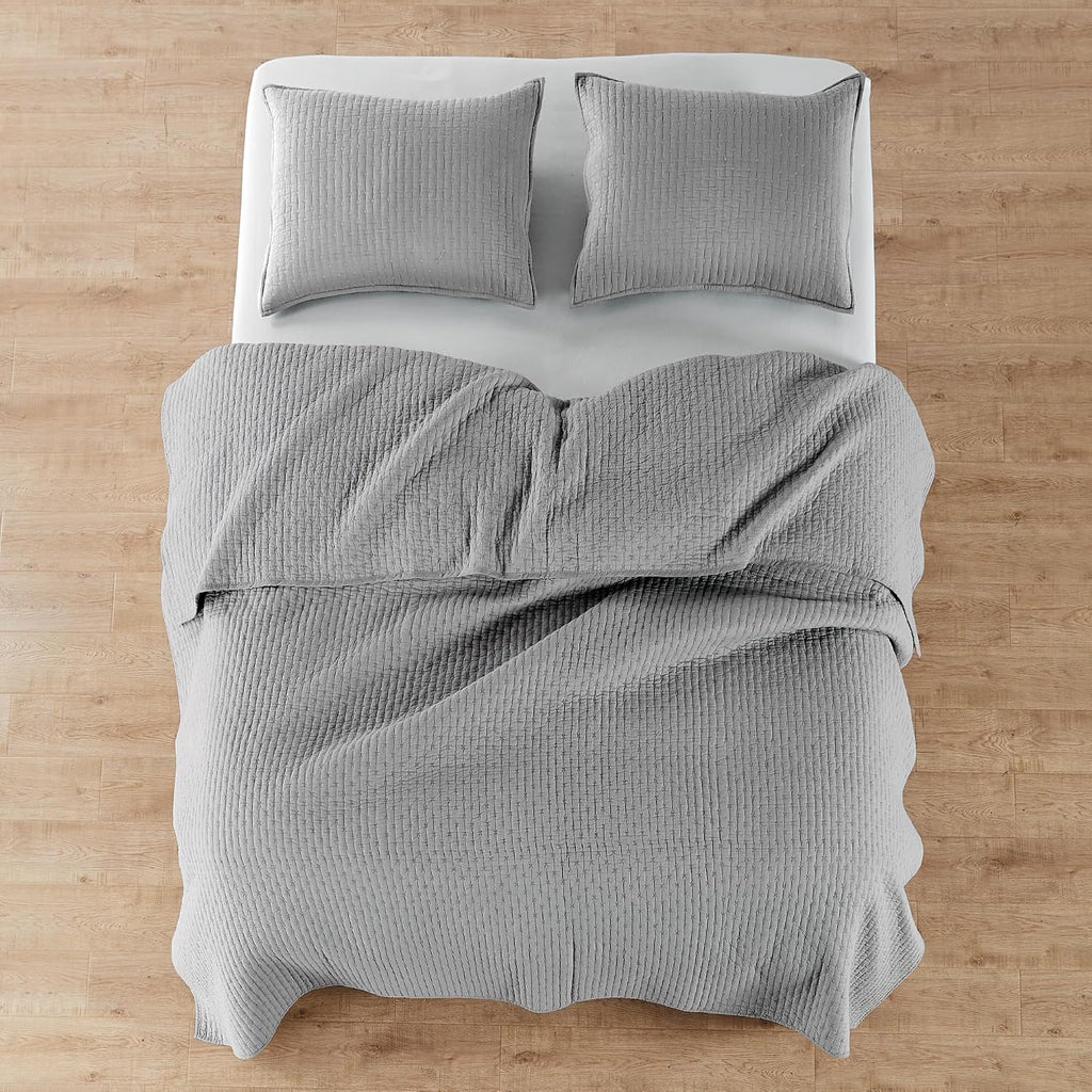 Levtex Home Cross Stitch Reversible King/Cal King Quilt Set (106x92in) and 2 Pillow Shams (36x20in) - Stitch Texture - Light Grey - Cotton King Size Quilt Bedding Set - Lightweight, Soft, Pre-Washed
