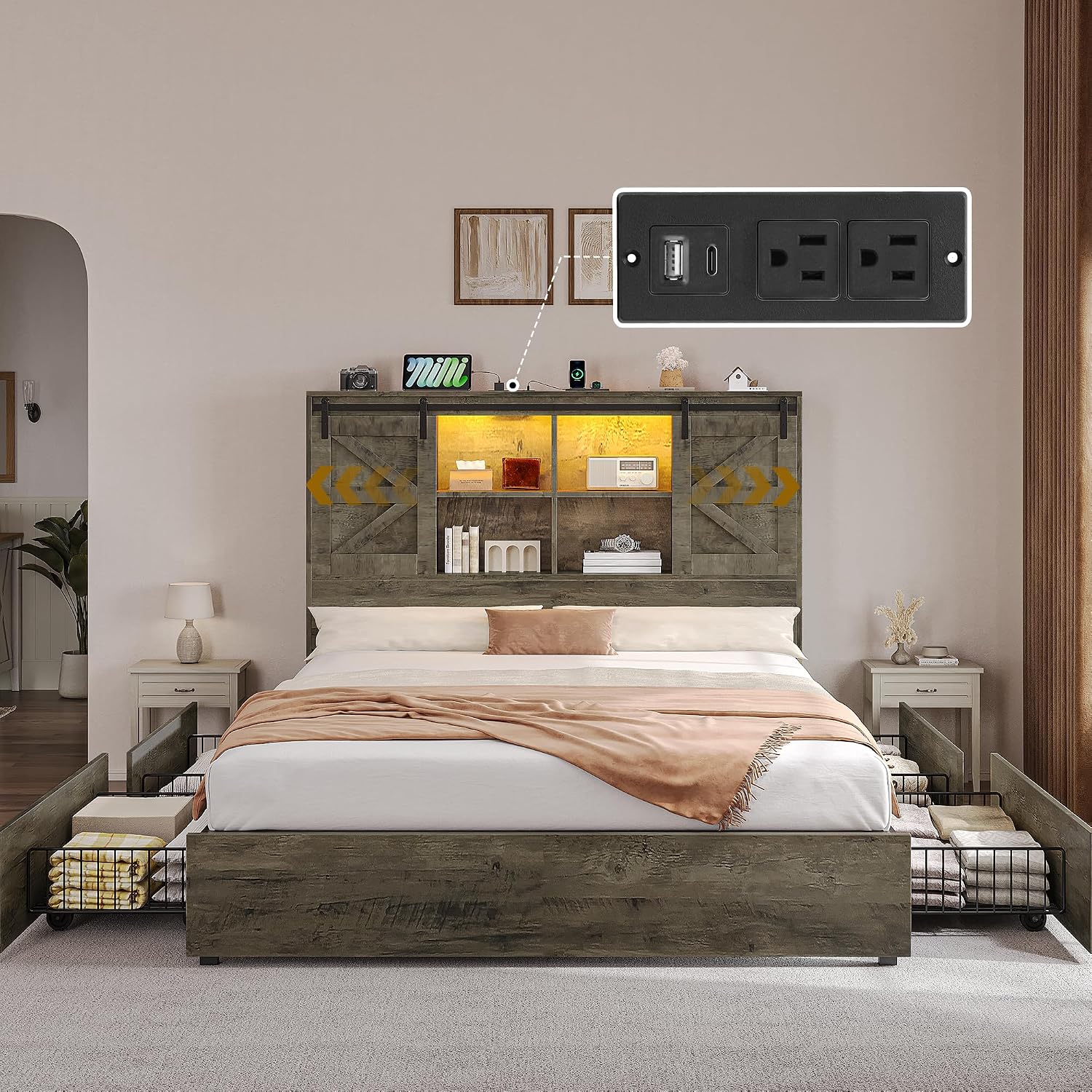 DWVO Farmhouse Queen Size Bed with 50' Tall Storage Bookcase Headboard, Sliding Barn Door, 4 Storage Drawers, RGB LED Bed Frame w/Type-C&USB Charging Station, No Box Spring Needed, Antique Grey