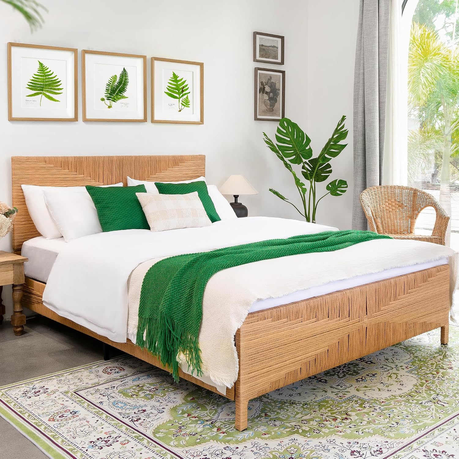 Yechen Queen Rattan Style Boho Bed Frame with Headboard and Footboard, Mid Century Modern Hand-Woven Wicker Bedframe with Vintage Pattern, Bamboo Bed with Metal Slats, No Box Spring Needed, 1000lbs