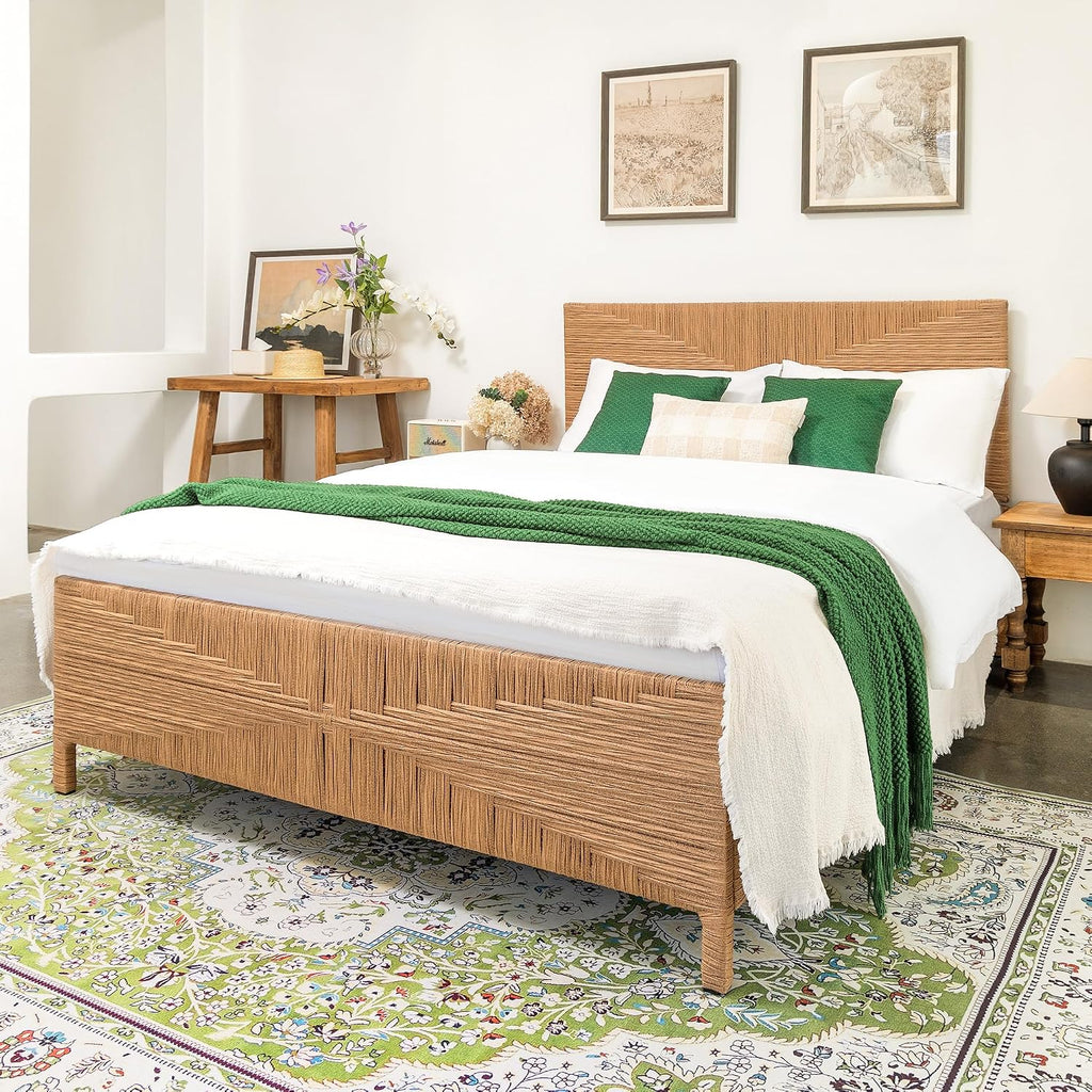 Yechen Queen Rattan Style Boho Bed Frame with Headboard and Footboard, Mid Century Modern Hand-Woven Wicker Bedframe with Vintage Pattern, Bamboo Bed with Metal Slats, No Box Spring Needed, 1000lbs