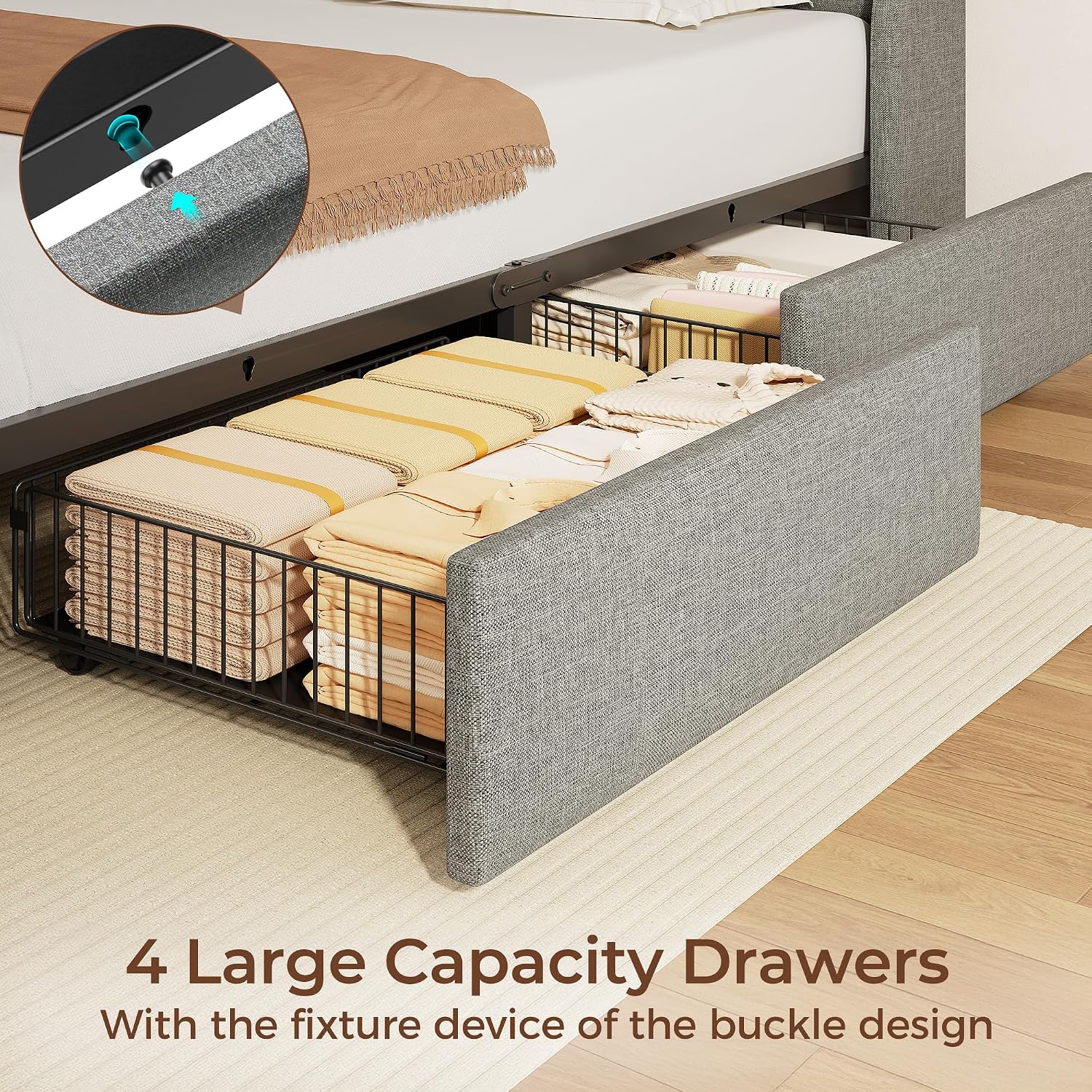Rolanstar Twin Size Bed Frame with RGB LED Lights & Charging Station, Upholstered Storage Headboard with 4 Drawers, Heavy Duty Metal Frame, No Box Spring Needed, Easy Assembly, Light Grey