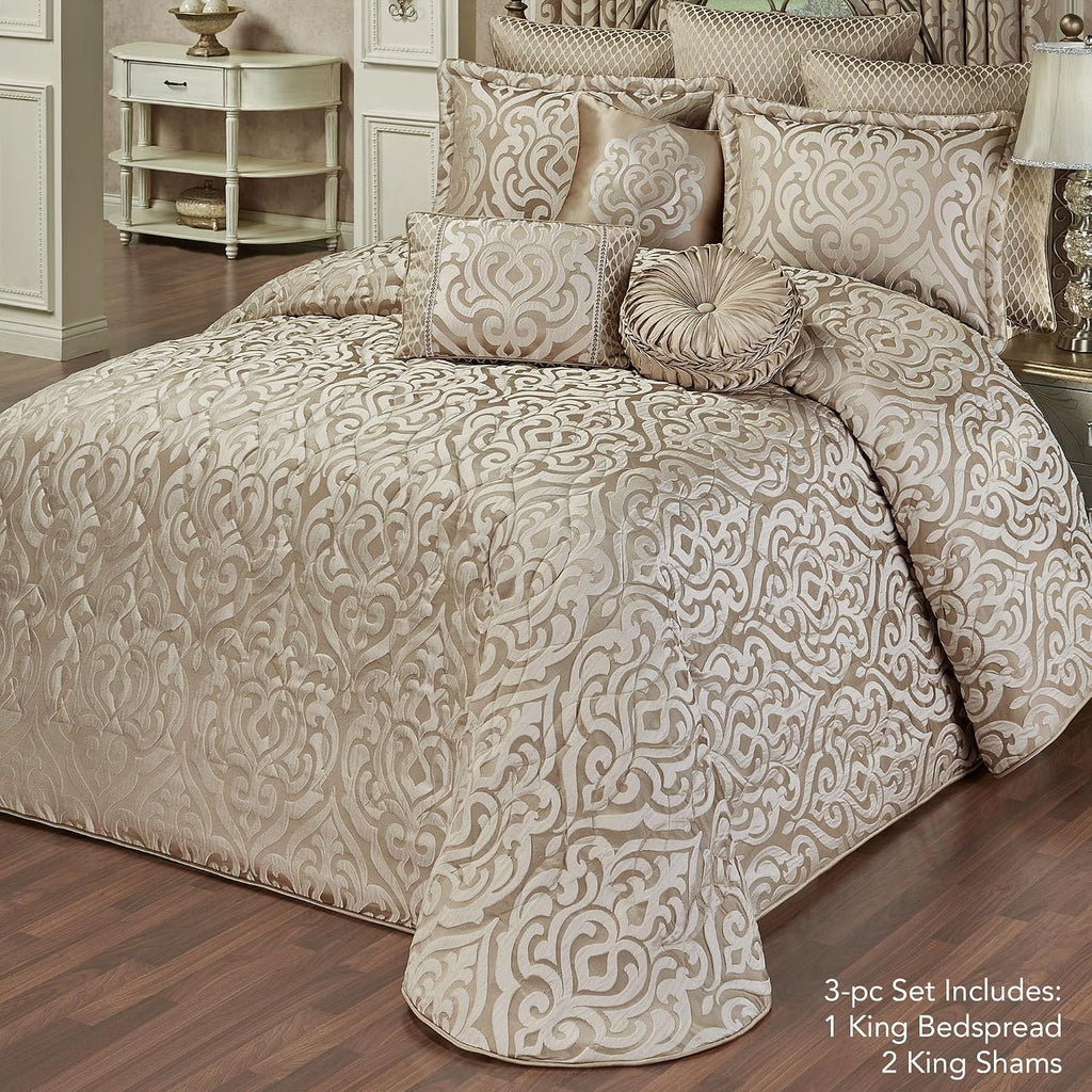 Davenport Luxury Bedding | Neutral Sand and Beige Color Palette | Elegant Jacquard-Woven Puff-Textured Scrollwork Medallions | 3 Piece Bedding Set Includes Oversized King Bedspread and 2 King Shams