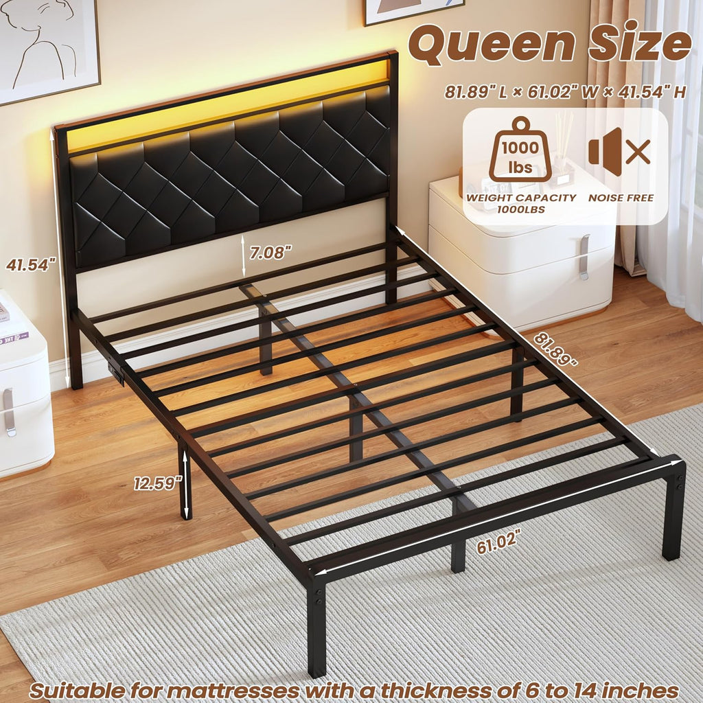Queen Size Bed Frame with Headboard, Modern Metal Bed Frame with LED Lights & Charging Station, PU Leather Upholstered Headboard, All Metal Slats Support, No Boxing Spring Needed, Noise Free, Black