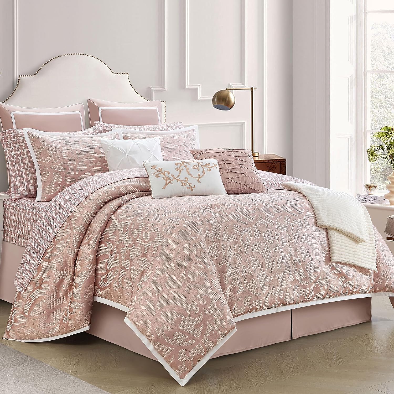 LANCO MODERN LIFESTYLE Blush Queen Comforter Set, Classic Jacquard Floral 14 Pieces Bedding Set, Ultra Soft for All Seasons, Sheets, Bedskirt, Throw, Matching Shams and Decor Pillows