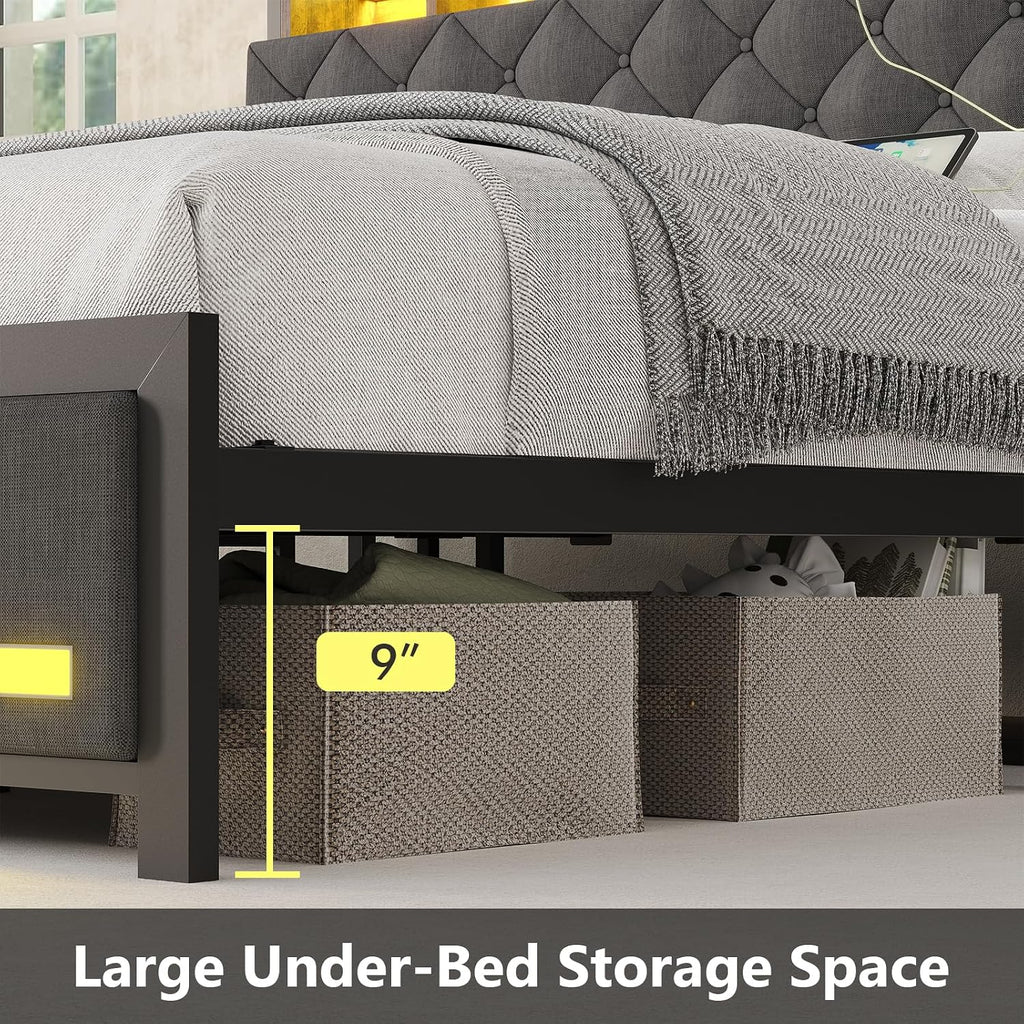 Dnxao King Size Bed Frame with Storage and Upholstered Headboard,Heavy Duty Metal Platform Bed with LED Lights,Charging Station & Hidden Shelves,Noise-Free,No Box Spring Needed,1200lbs,Gray