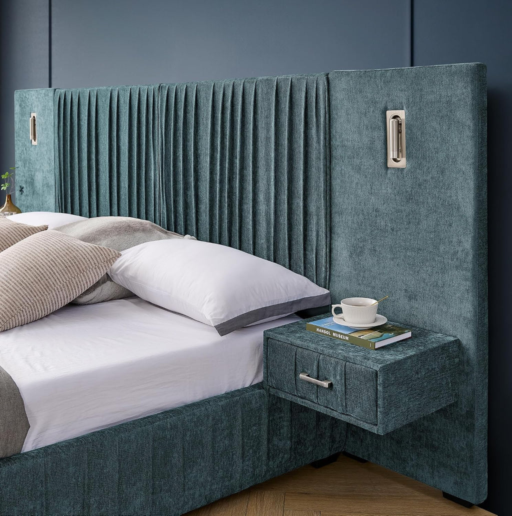 Upholstered Platform Bed with Built-in Nightstands, King Size Bed Frame with Chenille Headboard and Adjustable Lighting, No Box Spring Required, Space-Saving Bedroom Combo (Blue-Green)