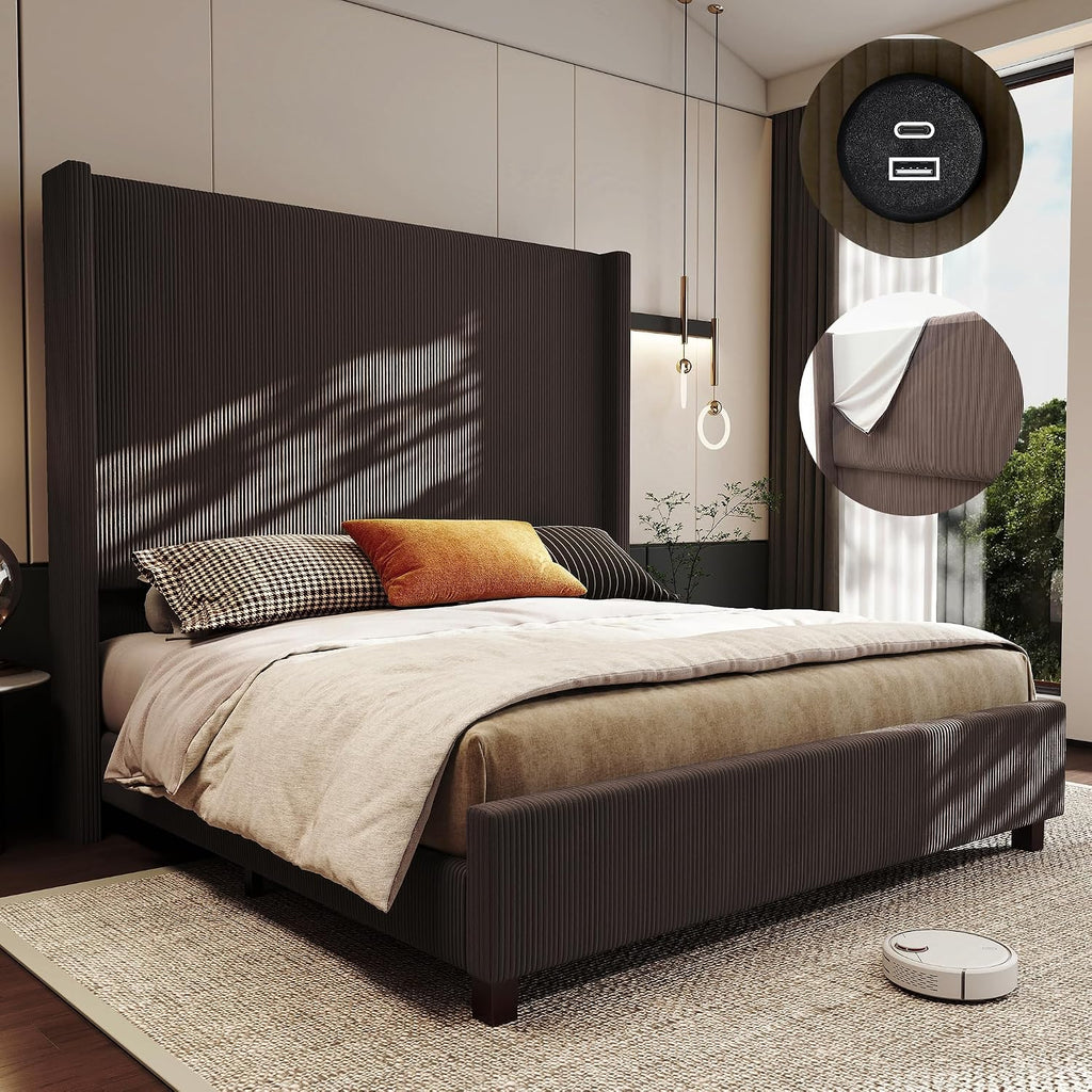 King Size Corduroy Upholstered Bed Frame with 65' Tall Headboard,USB Charging Station,Soft Washable Corduroy Cover with Wingback Headboard, Solid Wood Legs/Noise-Free/No Box Spring Needed/Brown