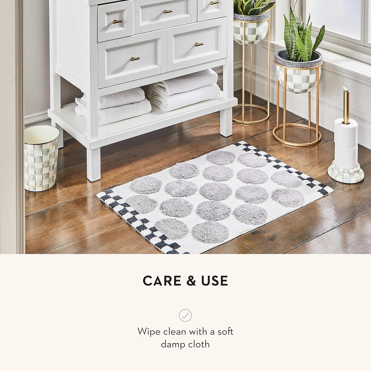 MACKENZIE-CHILDS Enamel Toilet Tissue Storage, Decorative Toilet-Paper Holder Stand for Bathroom, Gray-and-White Sterling Check
