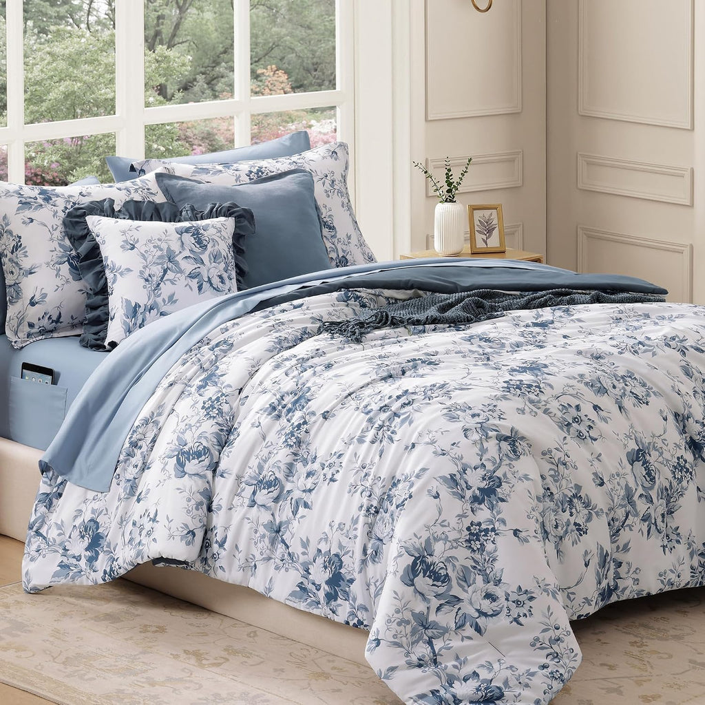 BLOOMHAVEN Oversized King Comforter Set -7 Pieces Floral Rain Washed Bedding Set for All Seasons, Bed in a Bag with Botanical Flowers Comforter, Sheets, Pillowcases & Shams