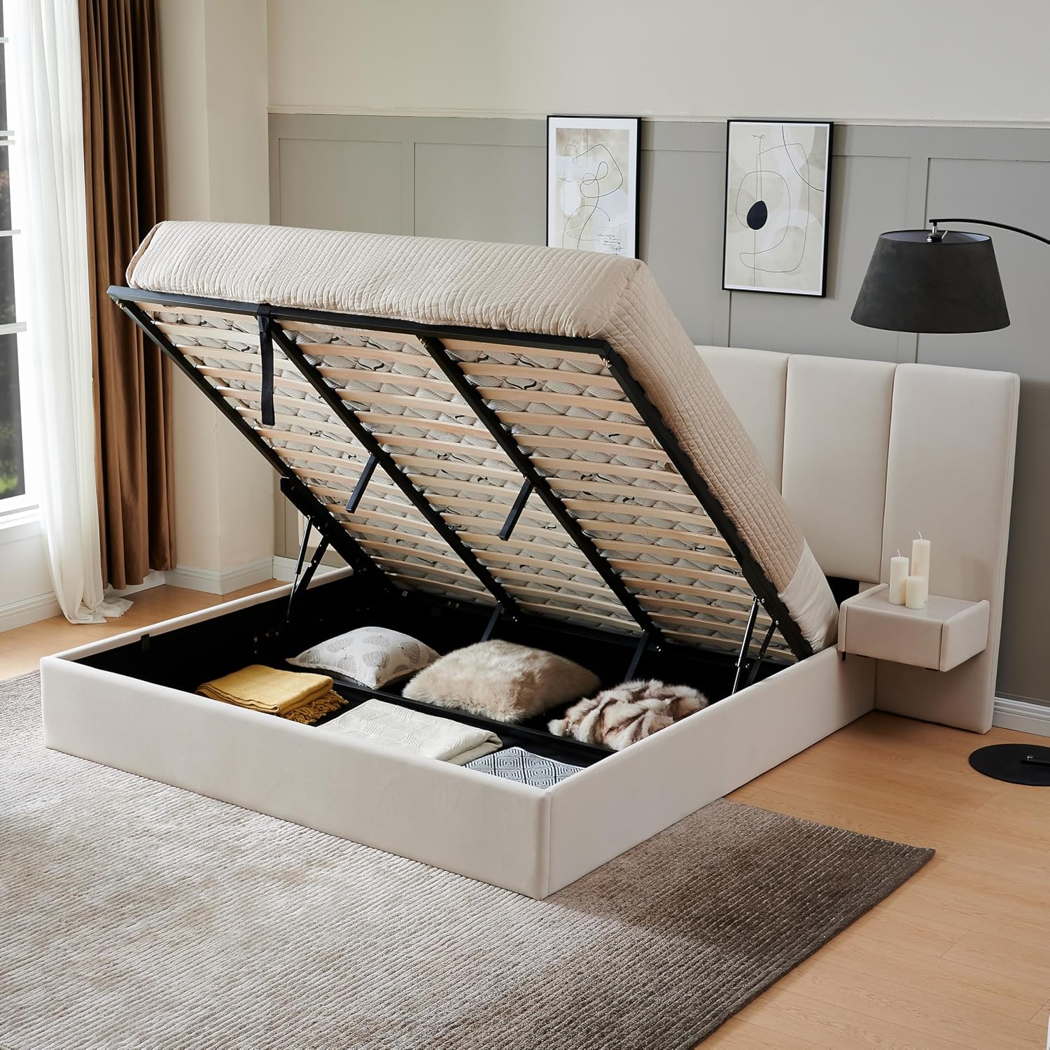 King Size Upholstered Platform Bed Frame with Lift-Up Storage, Velvet Headboard & Built-in Nightstands, No Box Spring Needed, Beige