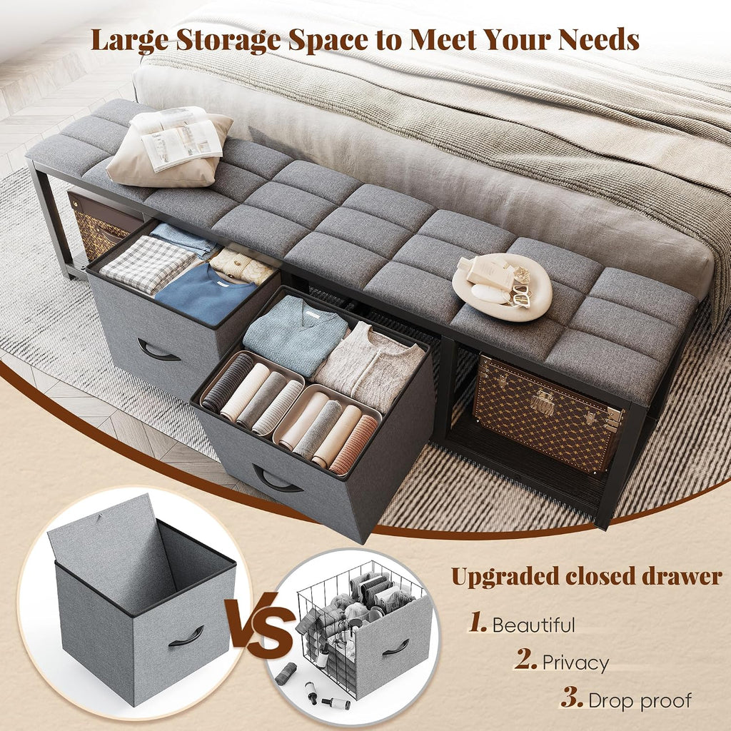 EnHomee Full Size Bed Frame with Headboard and 60' W Bed End Stool, 2 Drawers & LED & Charging Port Full Bed Frame with Storage Built in Charging Station,NO Noise,No Box Spring Needed,Gray