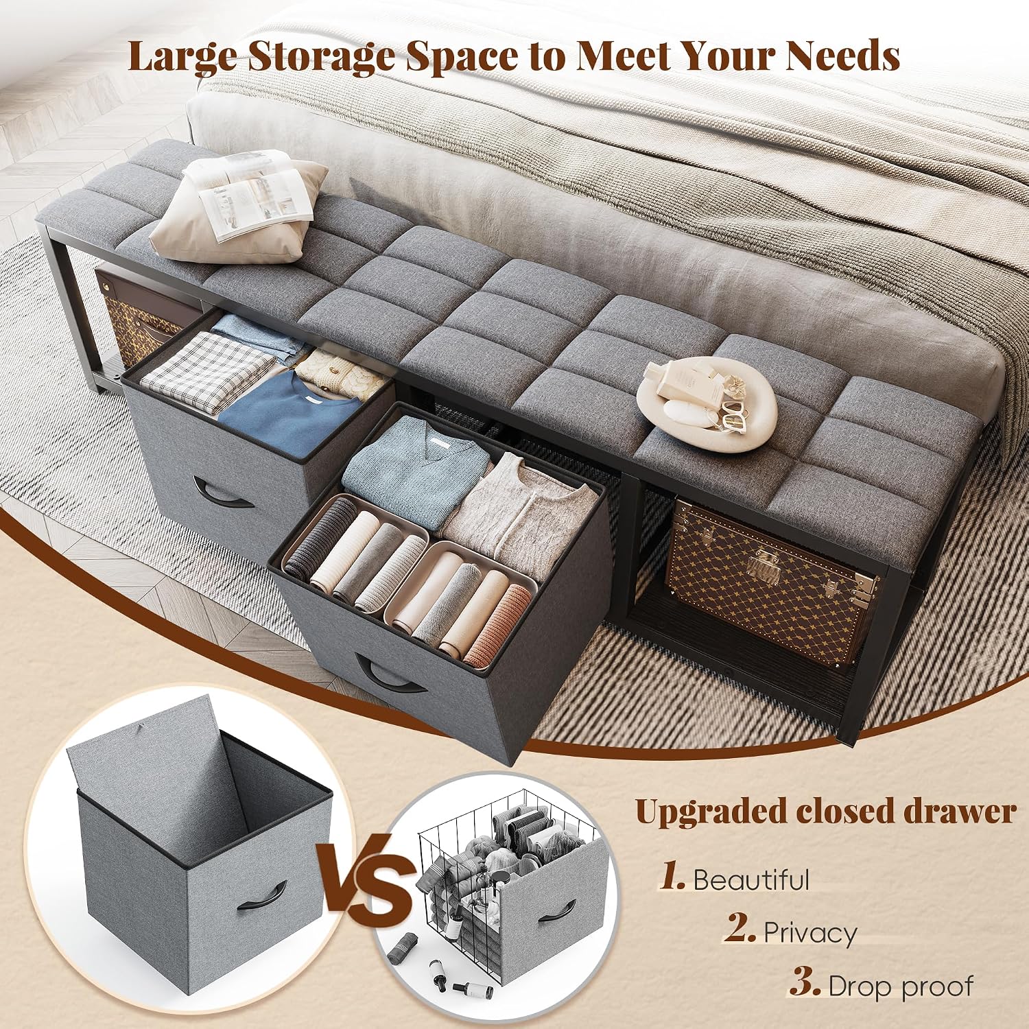EnHomee Full Size Bed Frame with Headboard and 60' W Bed End Stool, 2 Drawers & LED & Charging Port Full Bed Frame with Storage Built in Charging Station,NO Noise,No Box Spring Needed,Gray