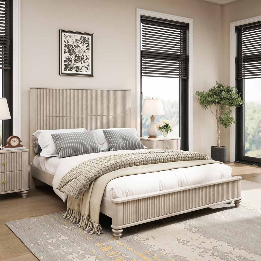 Queen Size Solid Wood Platform Bed Frame, Solid Wood Bed with 63.58' Headboard, Solid Wood Leg/No Box Spring Needed/Noise Free/Beige