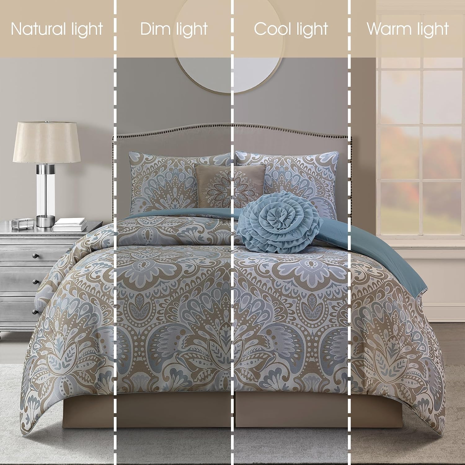 Stratford Park 6-Piece Blue Gold Comforter Set for Girls, Queen Size, Elegent Floral Bedding Set, Jacquard Design, Matching Bedskirt, Pillows & Shams