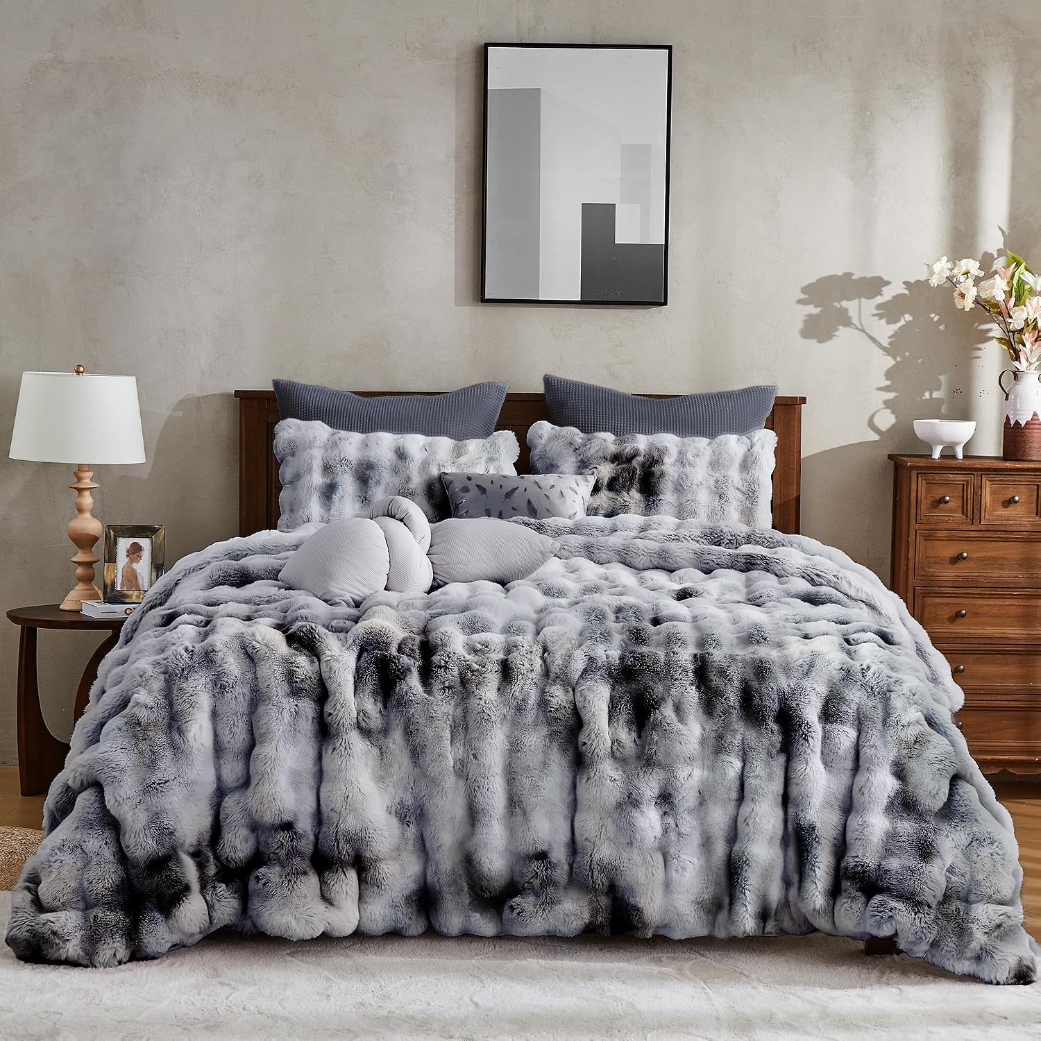 Wonderful 3 Pieces Fluffy Faux Rabbit Fur Bubble Comforter Set King Size, Tie-Dyeing Multiple Grey Plush Fuzzy Bedding Set, Warm Soft Bubble Comforter Bedding Set for Winter