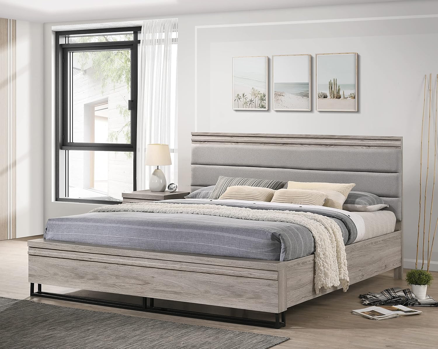 Roundhill Furniture Alvear 3-Piece Upholstered Wood Bedroom Set, King Size Panel Bed and Two Nightstands, Weathered Gray