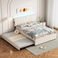 Full Size Upholstered Platform Bed with Trundle and 1 Sets of USB, Chenille Fabric Solid Wood Bedframe w/Wood Slats & LED Lights with APP for Bedroom,Beige
