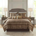 Madison Park Cozy Comforter Set - Luxurious Jaquard Traditional Damask Design, All Season Down Alternative Bedding with Matching Shams, Decorative Pillow Bellagio Brown/Gold Cal King(104'x92') 7 Piece