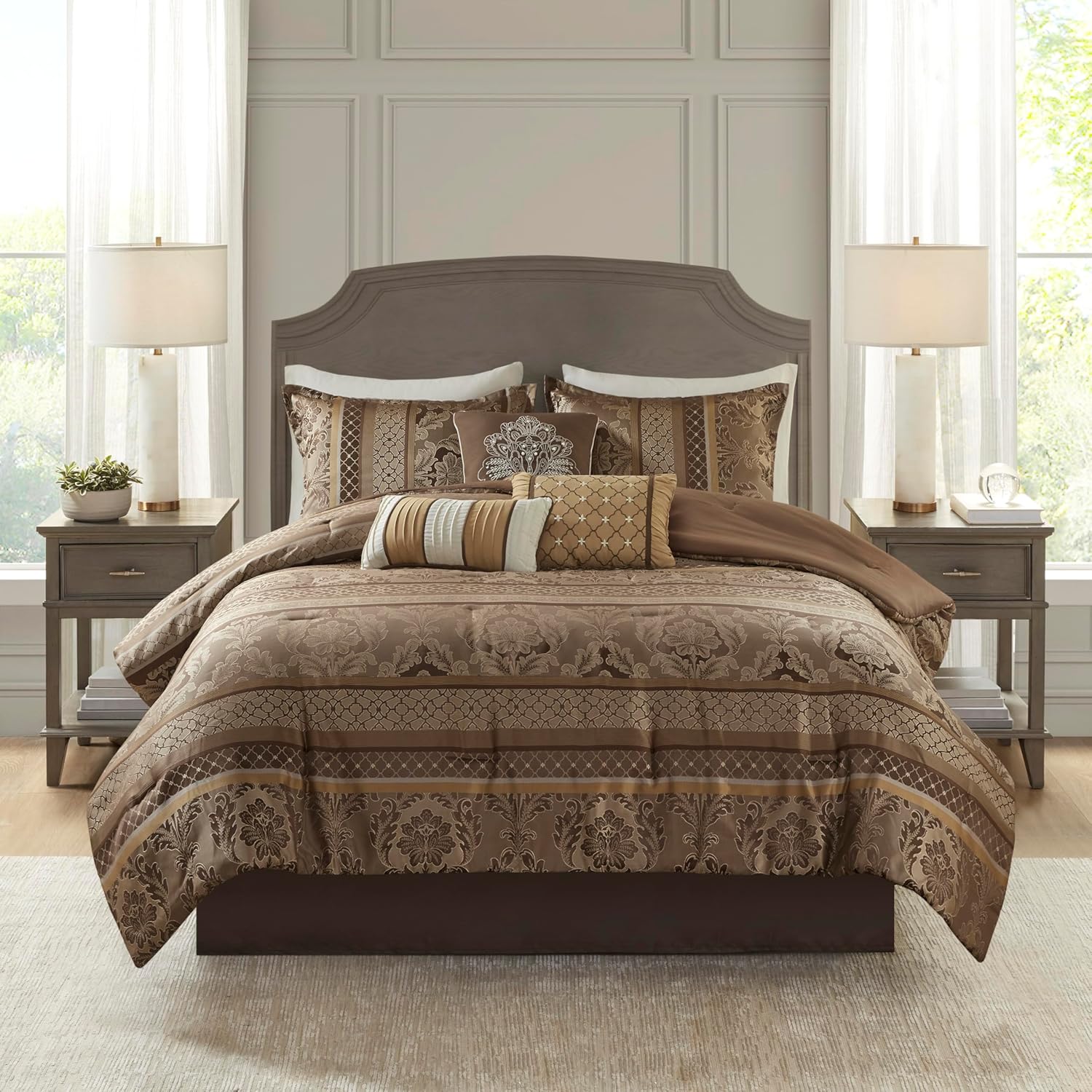 Madison Park Cozy Comforter Set - Luxurious Jaquard Traditional Damask Design, All Season Down Alternative Bedding with Matching Shams, Decorative Pillow Bellagio Brown/Gold Cal King(104'x92') 7 Piece