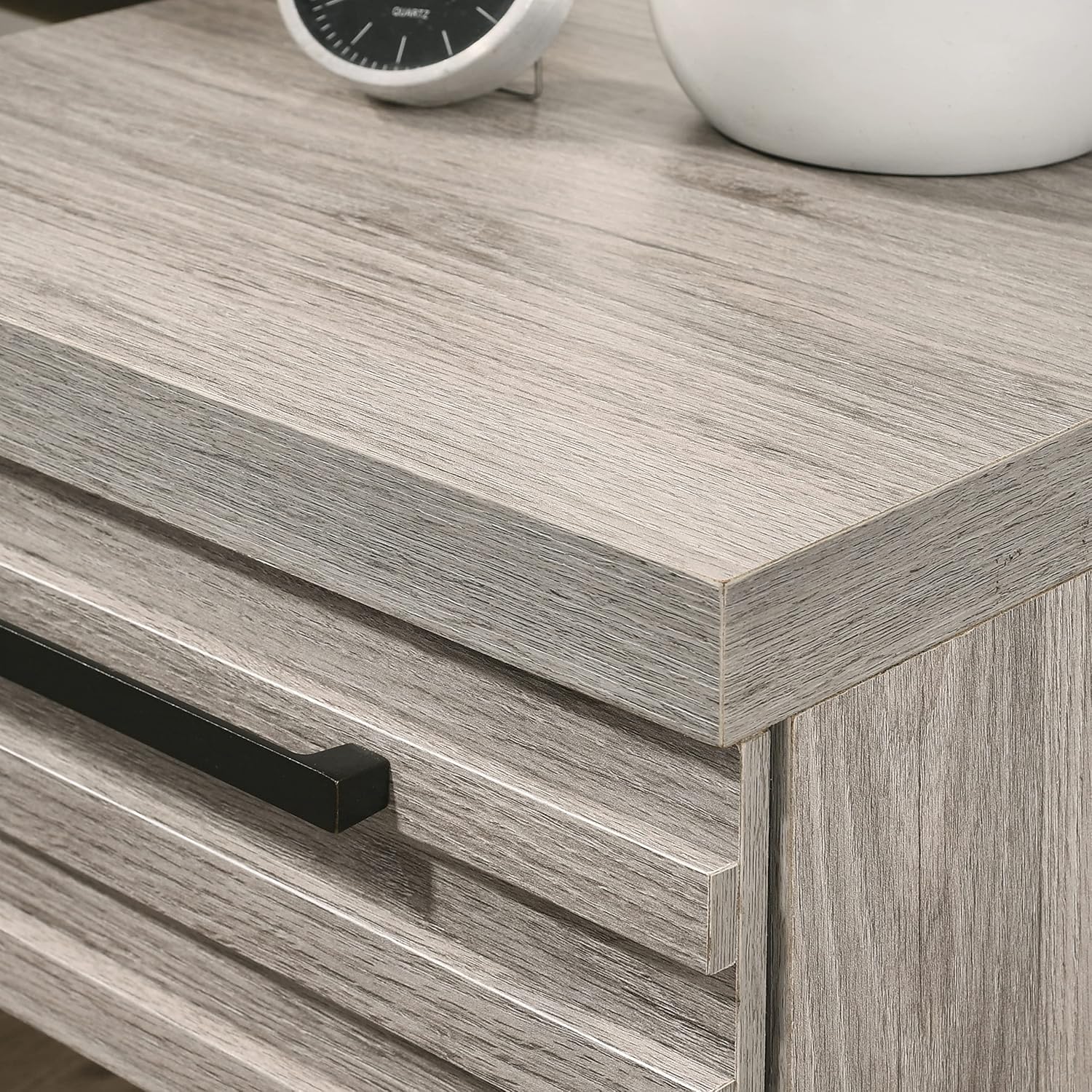 Roundhill Furniture Alvear 3-Piece Upholstered Wood Bedroom Set, Queen Size Panel Bed and Two Nightstands, Weathered Gray