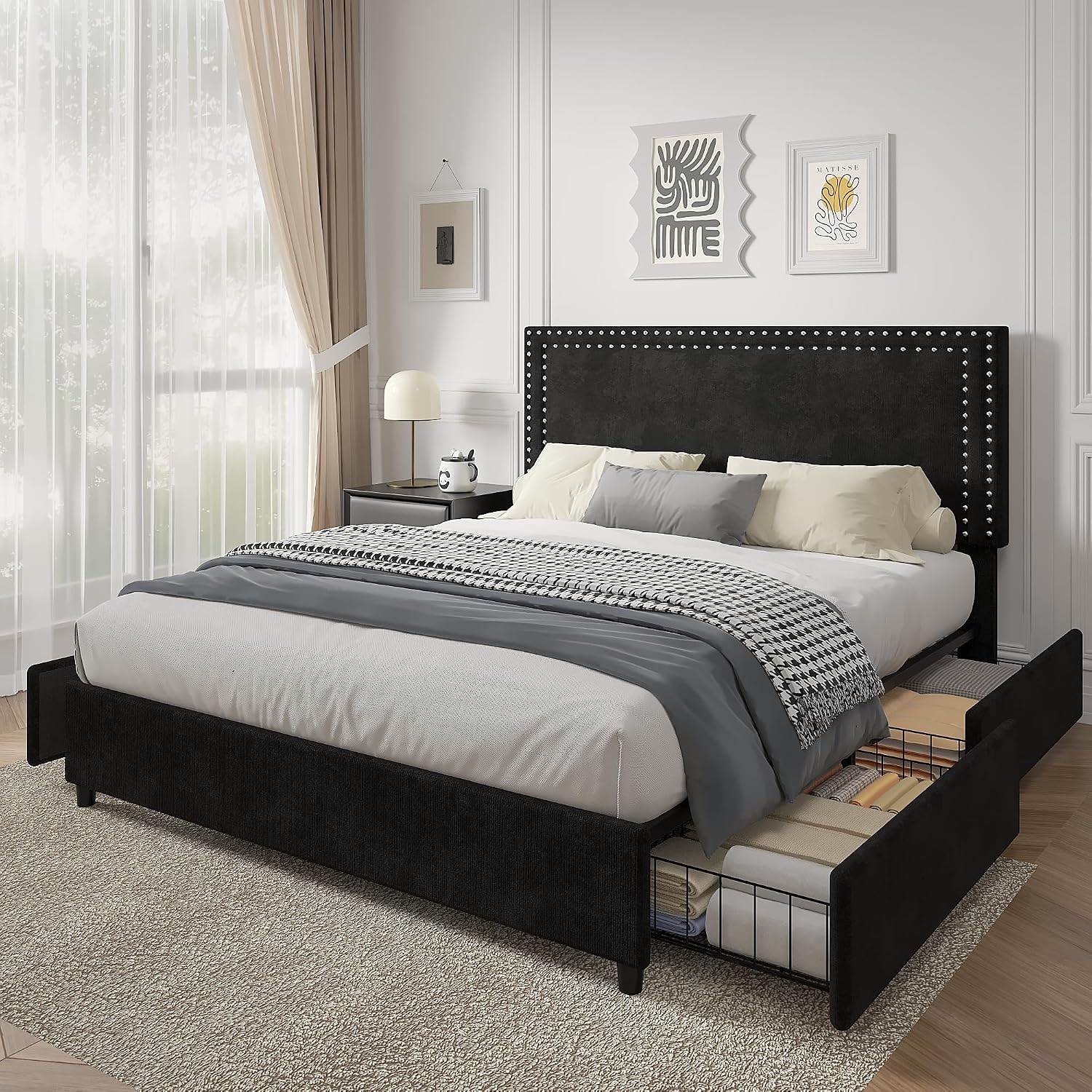 VECELO Full Size Upholstered Bed Frame with 4 Storage Drawers, Adjustable Velvet Rivet Decor Headboard, Wooden Slats Platform Support, No Box Spring Needed, Easy Assembly,Black