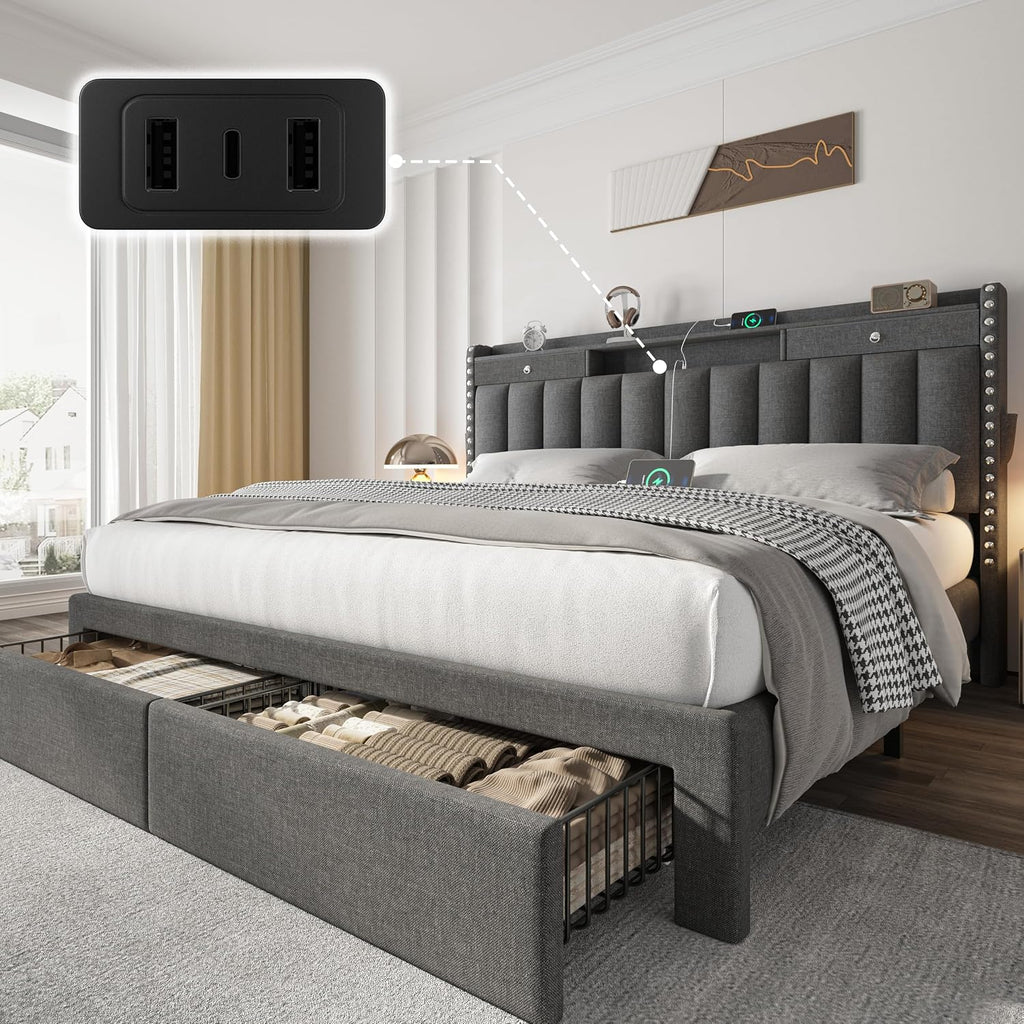CypBed Queen Bed Frame with Headboard, Upholstered Platform Bed Frame Queen Size with 4 Storage Drawers, 3 USB & Type-C Charging Ports, Solid Wood Slats, No Box Spring Needed, No-Noise, Dark Grey,Gift