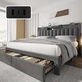 CypBed Queen Bed Frame with Headboard, Upholstered Platform Bed Frame Queen Size with 4 Storage Drawers, 3 USB & Type-C Charging Ports, Solid Wood Slats, No Box Spring Needed, No-Noise, Dark Grey,Gift
