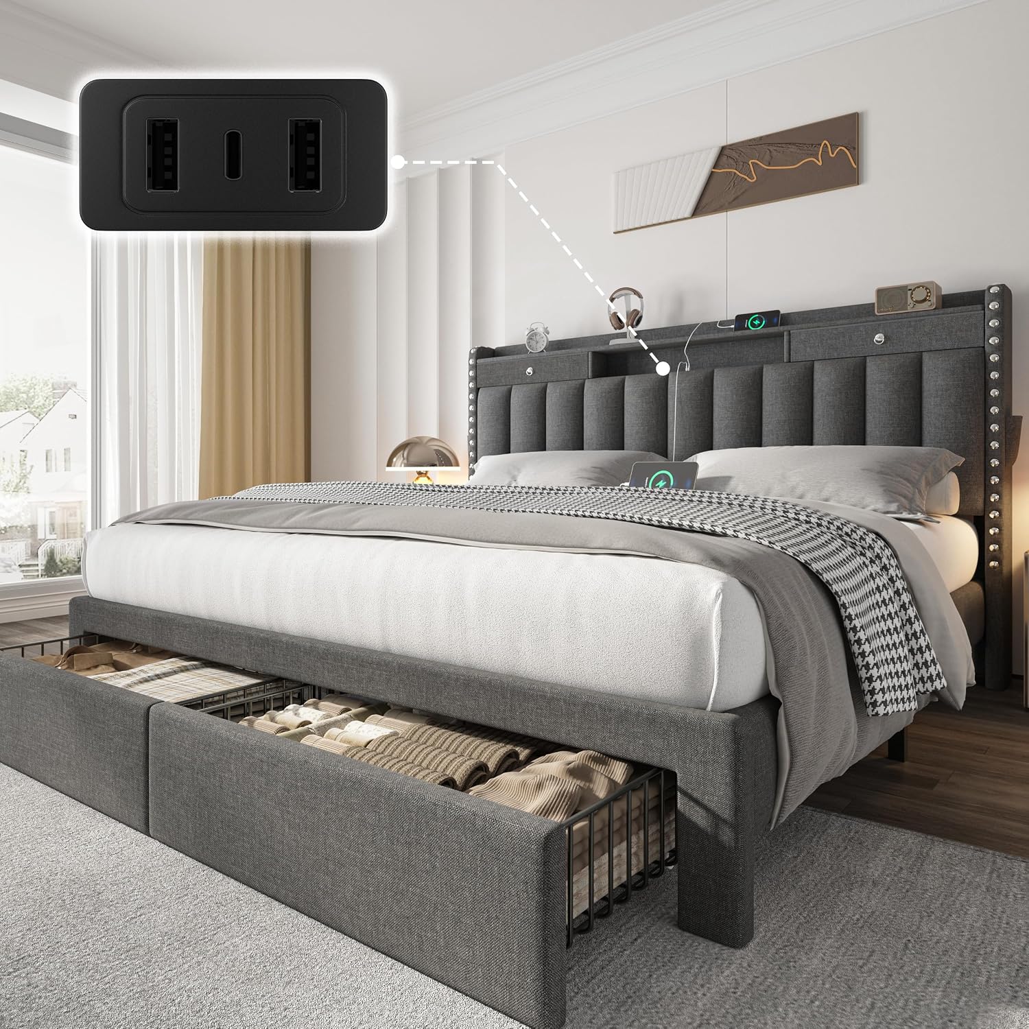 CypBed Queen Bed Frame with Headboard, Upholstered Platform Bed Frame Queen Size with 4 Storage Drawers, 3 USB & Type-C Charging Ports, Solid Wood Slats, No Box Spring Needed, No-Noise, Dark Grey,Gift