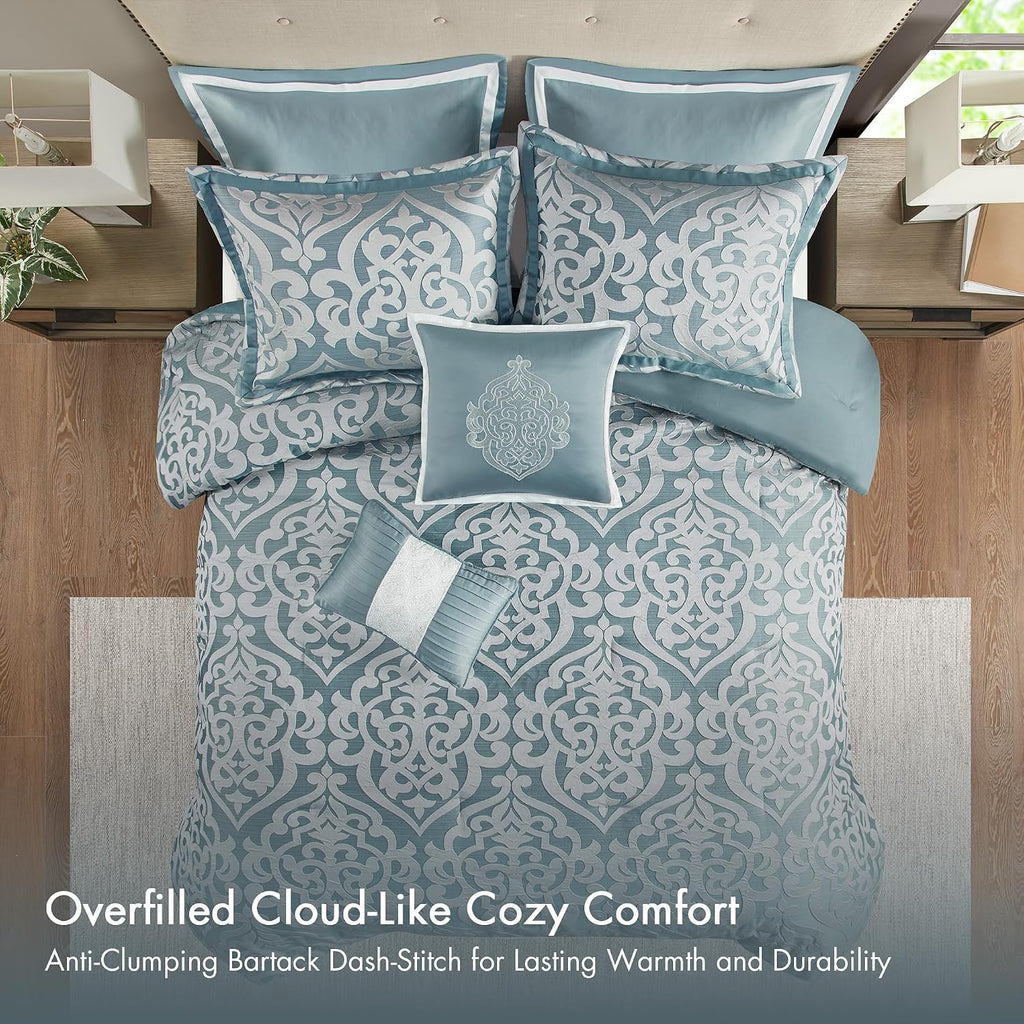 Madison Park Odette Cozy King Size Comforter Set Jacquard Damask Medallion Design - Modern All Season, Down Alternative Bedding, Shams, Decorative Pillows, King(104 in x 92 in), Aqua
