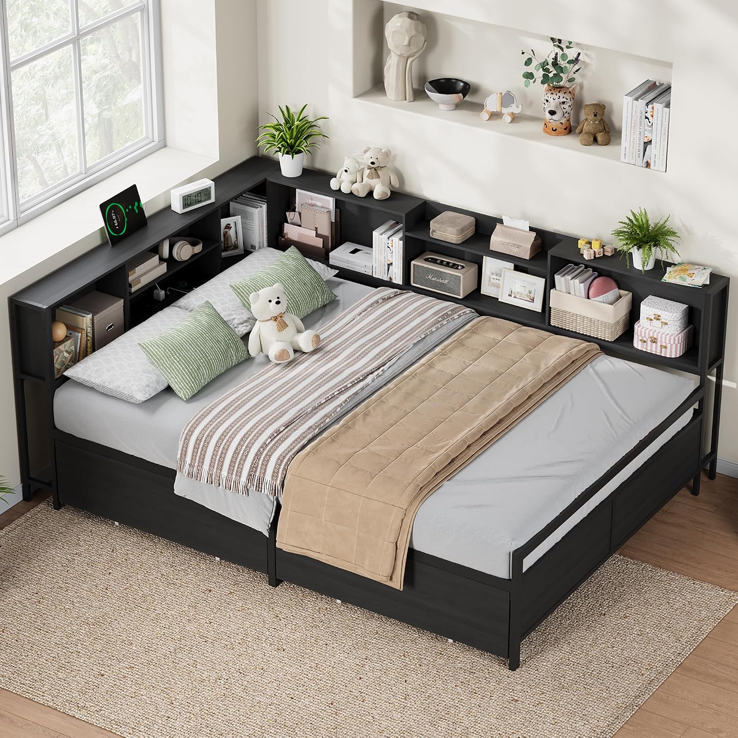 Full Size Corner Bed Frame with 8 Bookcase Headboard & 2 Storage Drawers, Full Metal Platform Bed with Charging Station, Full Daybed for Kids Teens Guests, Black