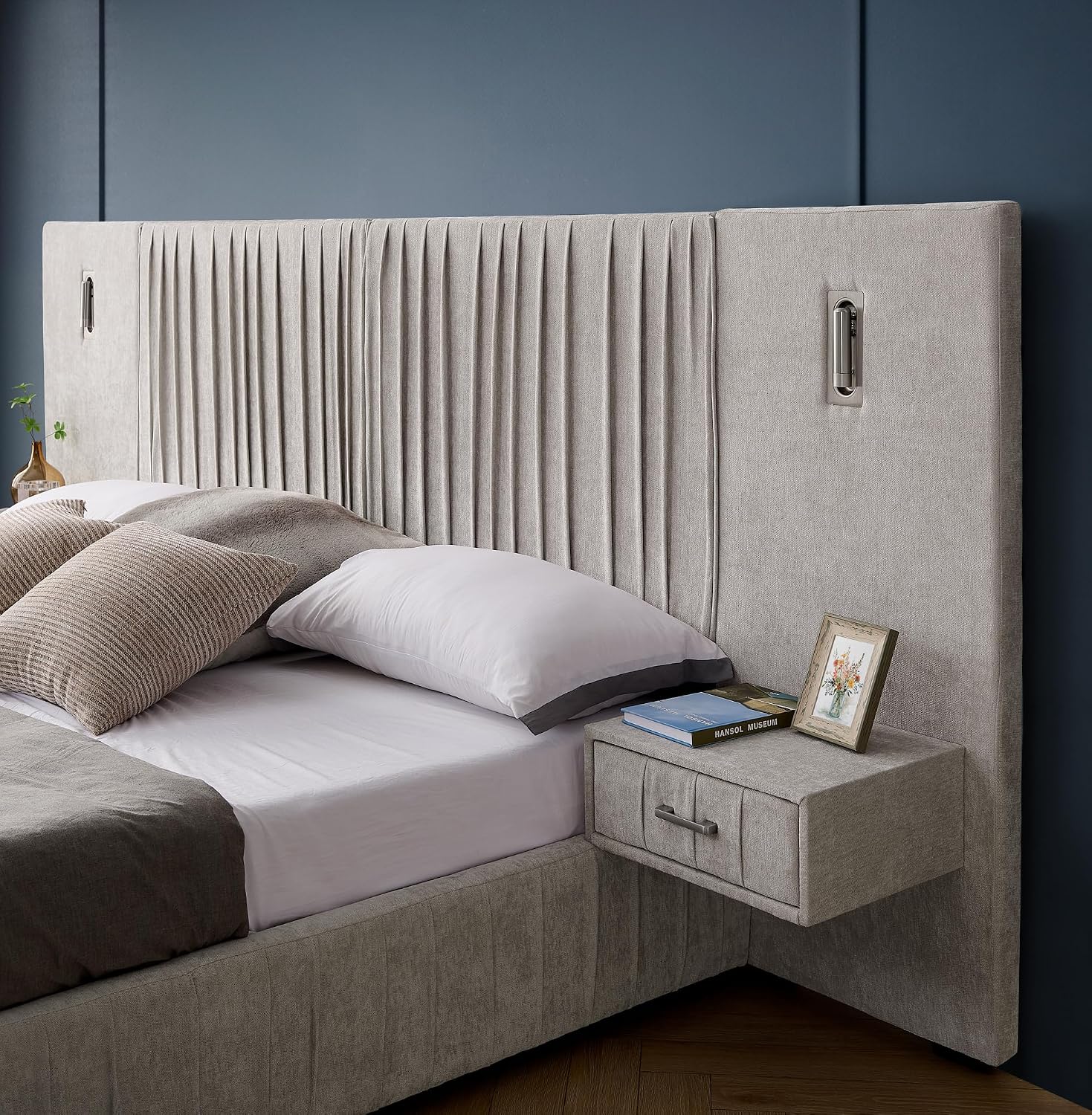 Chenille Upholstered King Size Bed Frame with Pleated Design, Integrated Headboard and Nightstands, Adjustable Bedside Lamps, No Box Spring Needed, Luxury Bedroom Furniture (Light Beige)