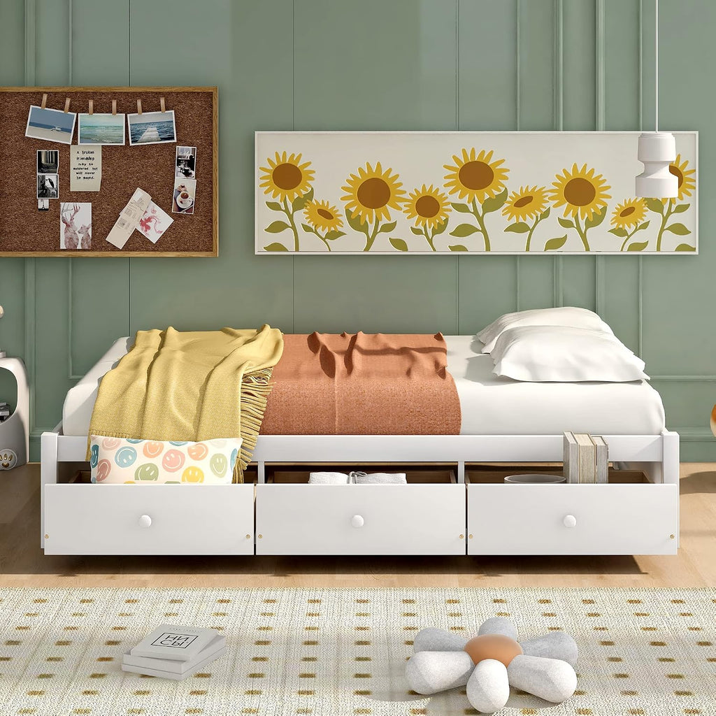 Merax Twin Size Platform Storage Bed with 3 Drawers,White