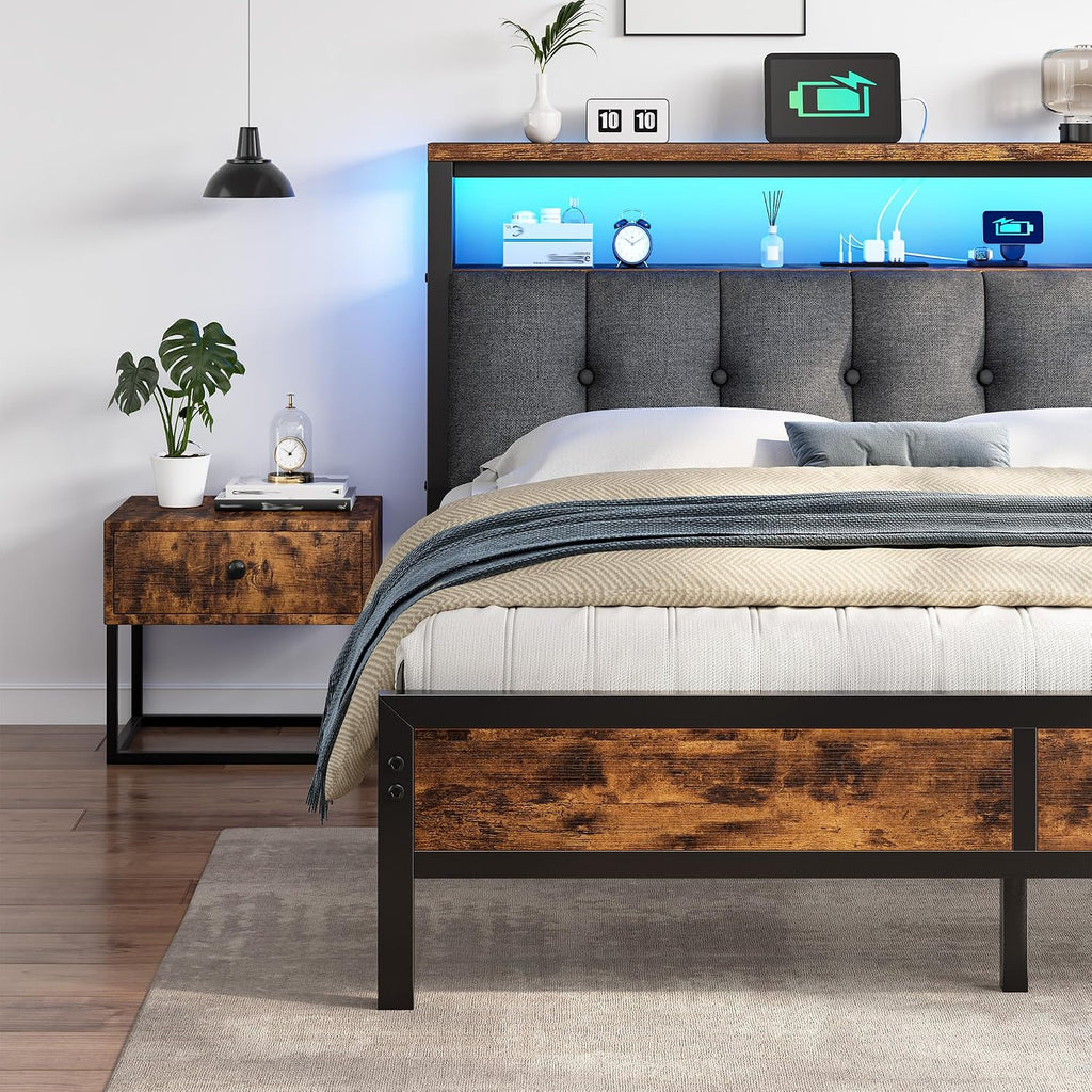 Full Size Bed Frame with Charging Station,Bed Frame Full Size with LED Linghts Have Upholstered Storage Headboard and 12' Under-Bed Storage, Providing Noise-Free and No-Sliding Support,Vintage Brown