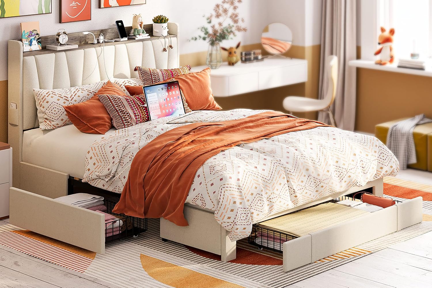 ANCTOR Full Size Bed Frame with 3 Drawers, Upholstered Platform Bed with Storage Headboard and Charging Station, No Box Spring Needed, Easy Assembly, Beige