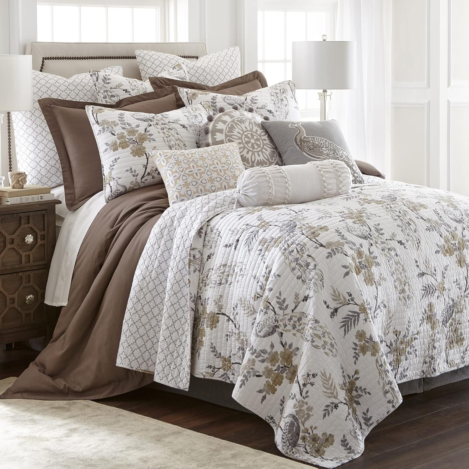 Levtex Home Pisa Reversible Twin XL/Twin Quilt Set (68x86in) with 1 Pillow Sham (26x20in) - Floral Peacock - Grey, Taupe - 100% Cotton Twin Size Quilt Bedding Set - Lightweight, Soft, Pre-Washed