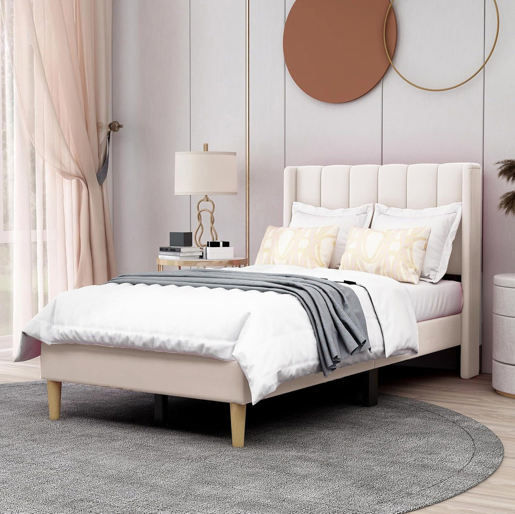 AGARTT Upholstered Platform Bed Frame Twin Size with Headboard and Footboard/Wooden Slats Support/No Box Spring Needed/Easy Assembly,Beige Velvet