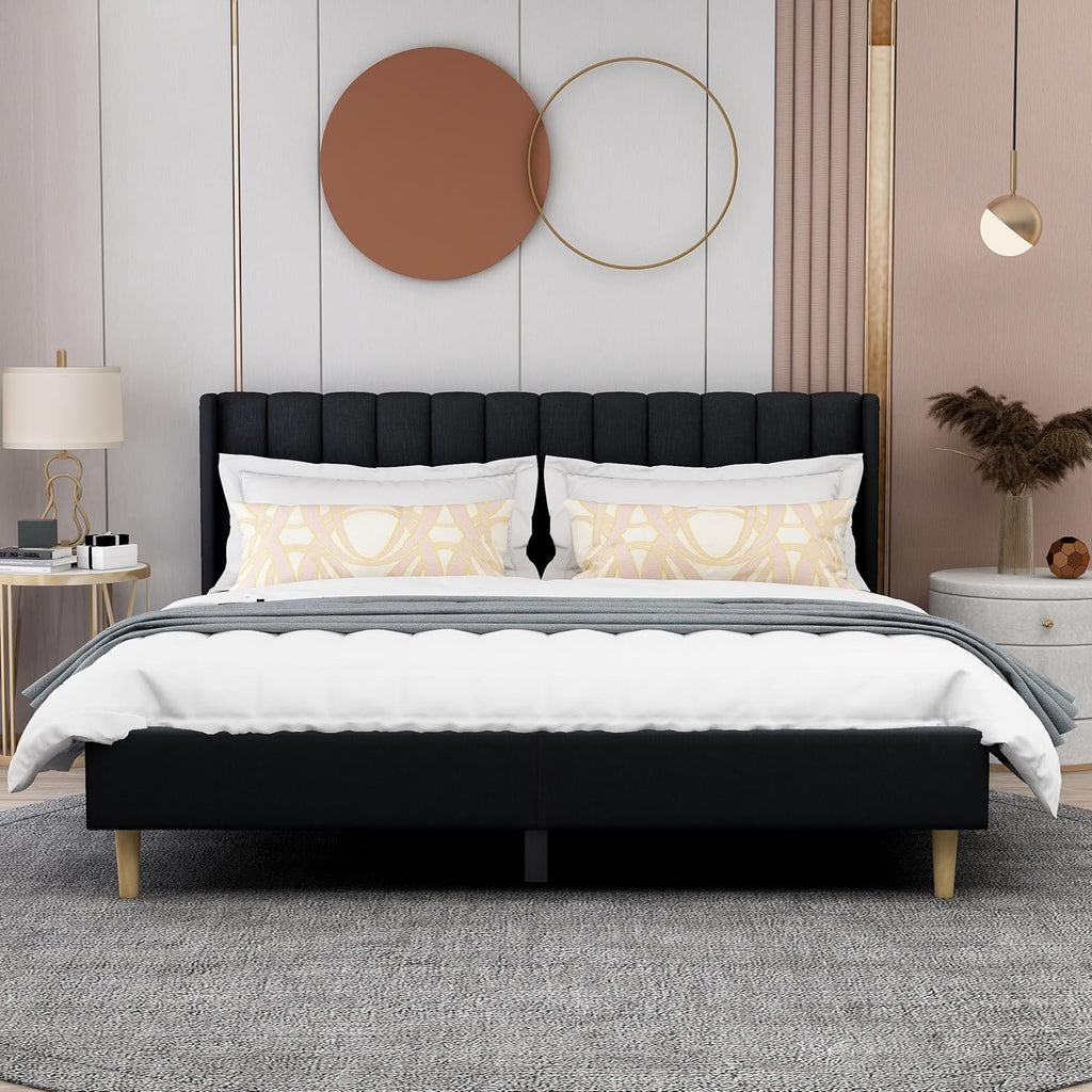 AGARTT Upholstered Platform Bed Frame King Size with Headboard and Footboard/Wooden Slats Support/No Box Spring Needed/Easy Assembly,Black Linen