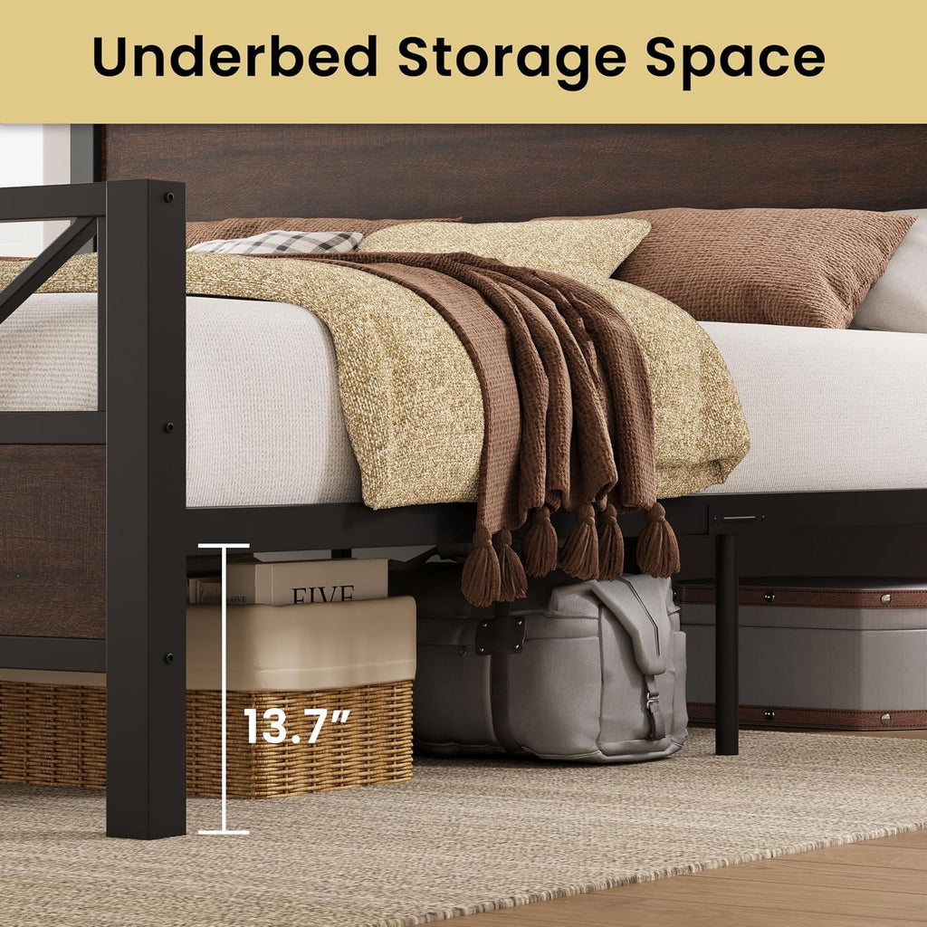 LIKIMIO Queen Bed Frame, Tall Industrial Headboard 51.2 ', Platform Bed Frame with Strong Metal Support, Solid and Stable, Noise Free, No Box Spring Needed, Easy Assembly, Dark Brown