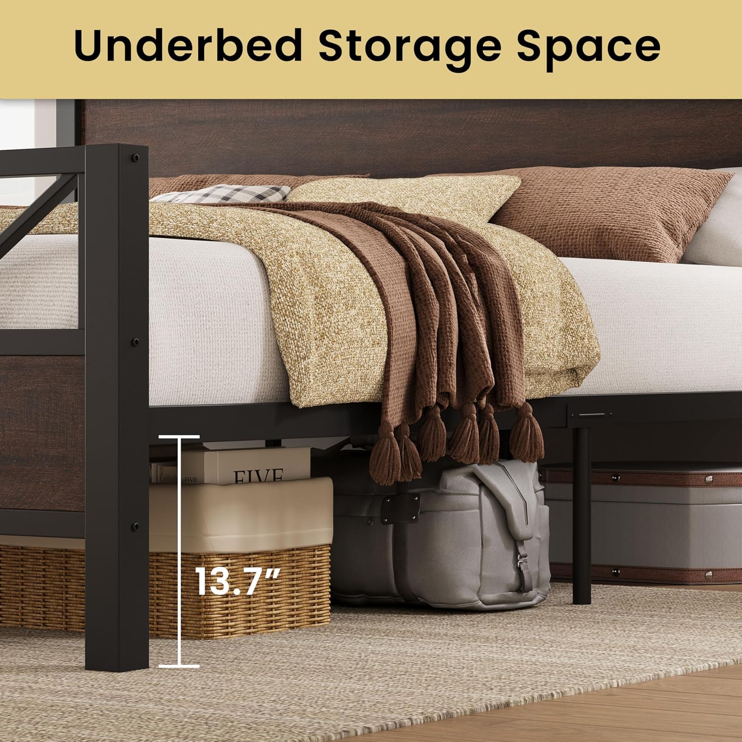 LIKIMIO Queen Bed Frame, Tall Industrial Headboard 51.2 ', Platform Bed Frame with Strong Metal Support, Solid and Stable, Noise Free, No Box Spring Needed, Easy Assembly, Dark Brown