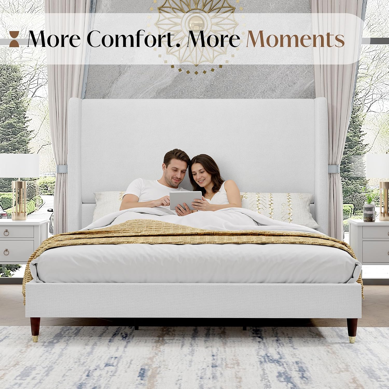PaPaJet Full Size Bed Frame with 51.2' Wingback Headboard,Line Upholstered Platform Bed,Solid Wood Legs,No Box Spring Needed,Noise-Free&Easy Assembly,for Teen Girls, Dorm, Small Bedroom,White
