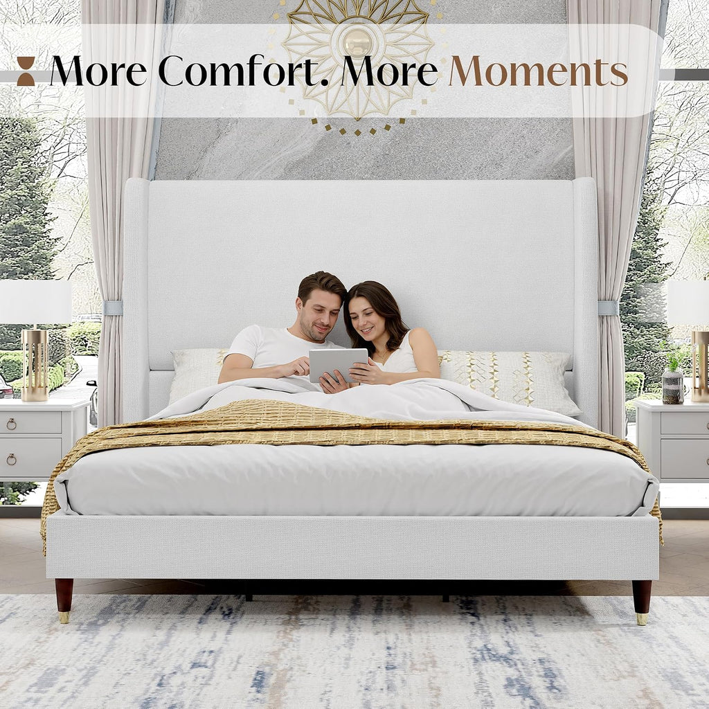 PaPaJet King Bed Frame with 51.2' Tall Wingback Headboard,Line Upholstered Platform Bed,Solid Wood Legs,No Box Spring Needed,Noise-Free&Easy Assembly,for Master Bedroom & Luxury Home,White
