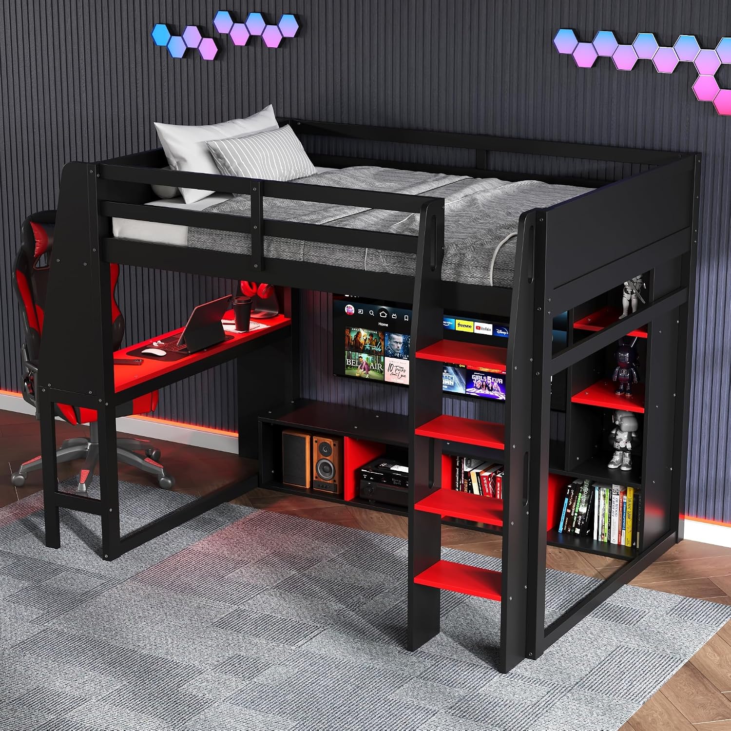 Harper & Bright Designs Twin Size Loft Bed with Gaming Desk,Storage Shelves,LED Light and Hanging Rack,Solid Wood Loft Bed Frame with Under-Bed Space,Esports Design for PC & Console Gamers,Black