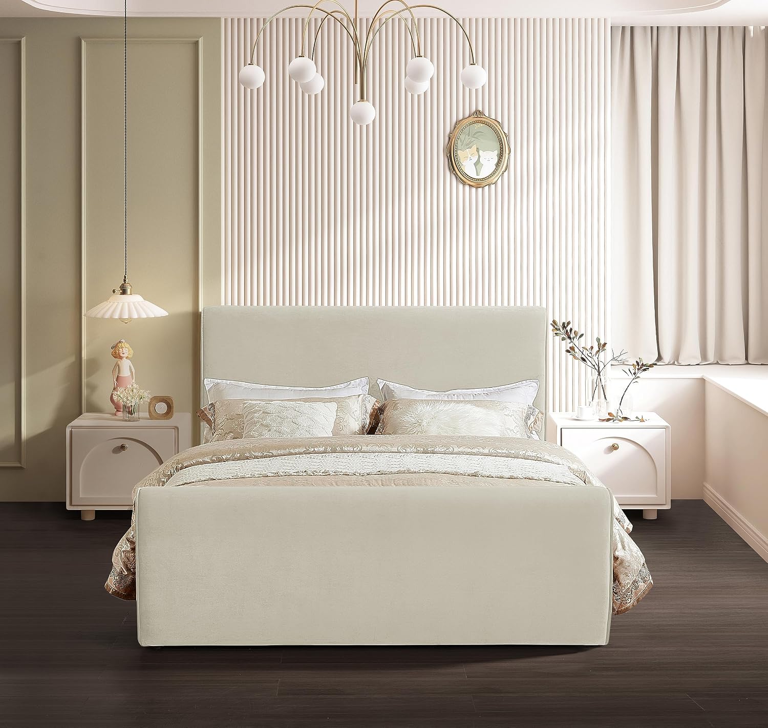 Meridian Furniture SloanCream-K Sloan Collection Modern | Contemporary Velvet Upholstered King Bed with Rich Soft Cream Velvet, Curved Headboard and Footboard, 82' W x 96' D x 45' H, Cream, King