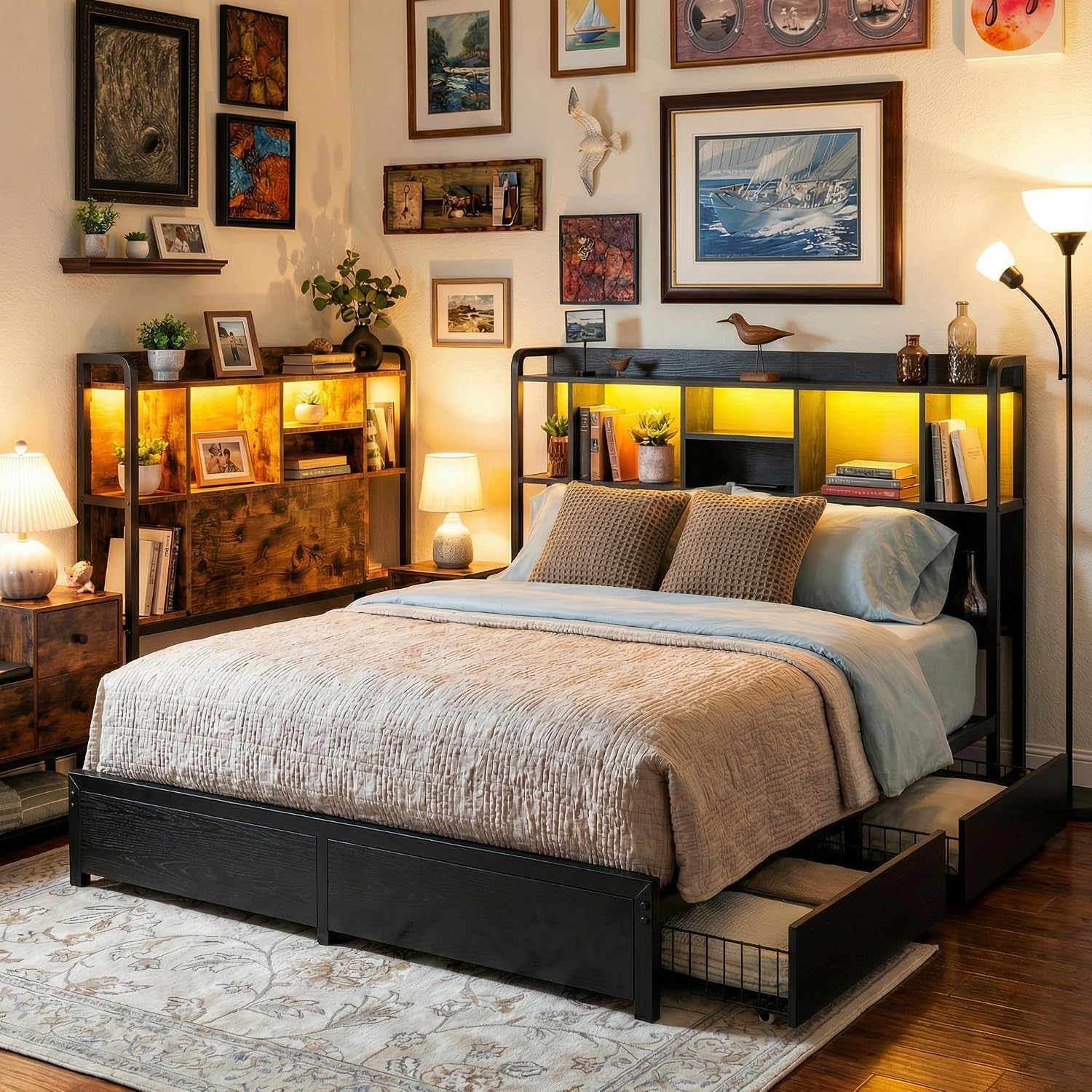 Homkdom Queen Bed Frame with Storage Headboard & 4 Large Drawers Bed Frame Queen Size with 51' Tall Headboard 9 Compartments Led Lights & Charging Station,No Box Spring Needed, No Noise,Black